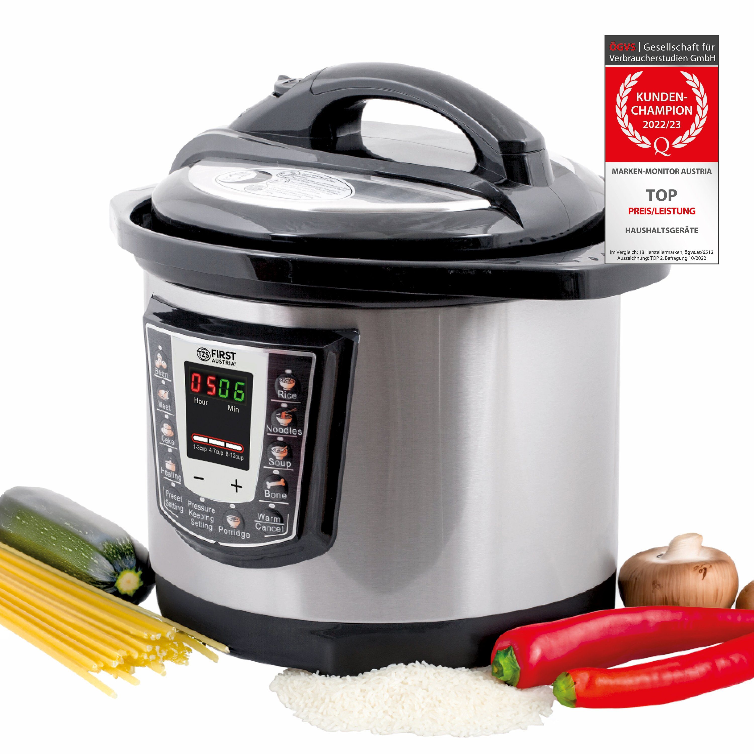 TZS FIRST AUSTRIA Multikocher Druckkochtopf elektrisch 6L, Multikocher, 9 Programme, Silber, 1000 W, 6 l Schüssel, Schnellkochtopf, Reiskocher, Warmhaltefunktion, Dampfgarer