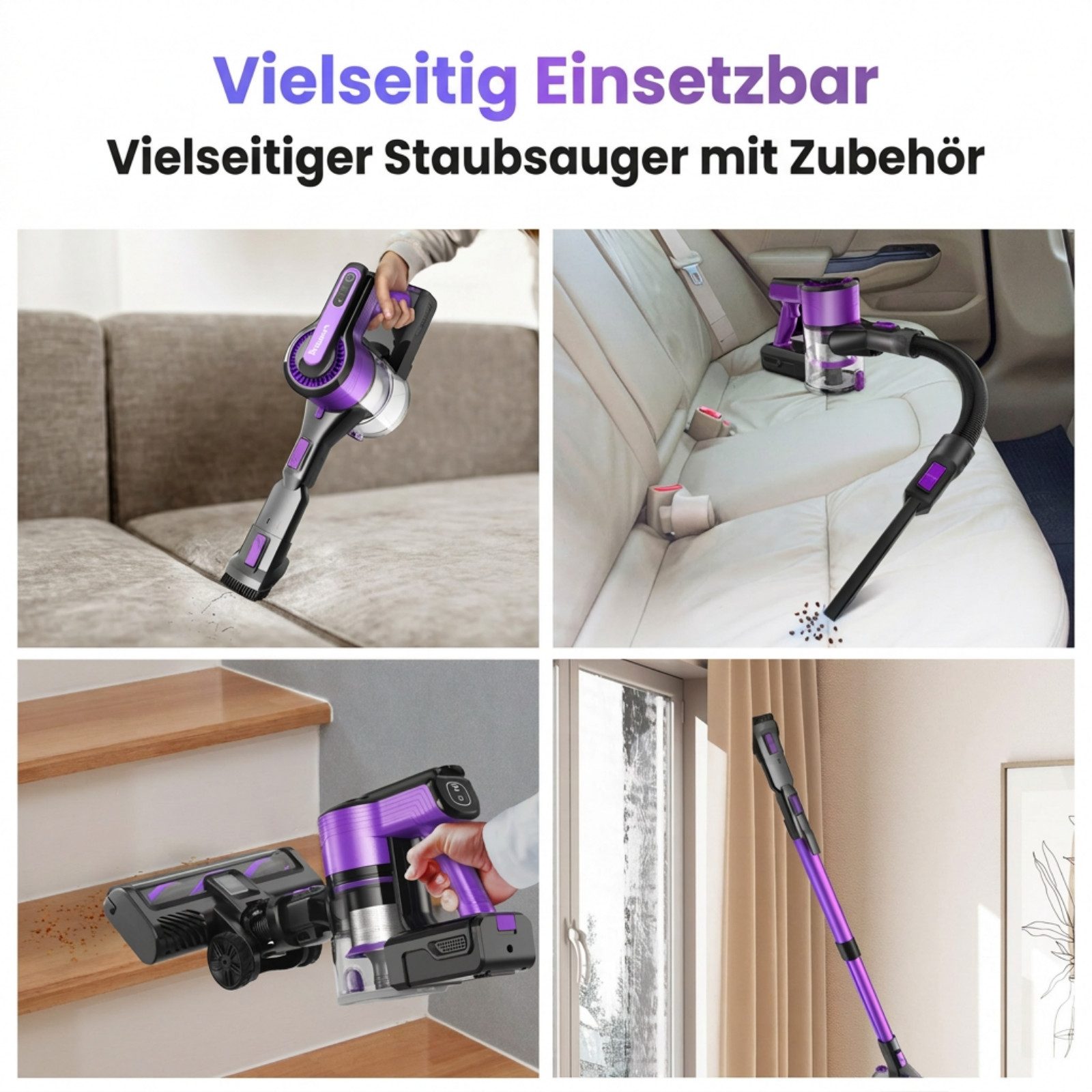 POWEART Akku-Hand-und Stielstaubsauger 80000Pa Akku Staubsauger 650W/60Min, 2L Staubsauger Kabellos, mit Beutel, 50dB leise/5-Stufen-Filter/OLED Display,Ideal für Böden/Teppiche/Auto