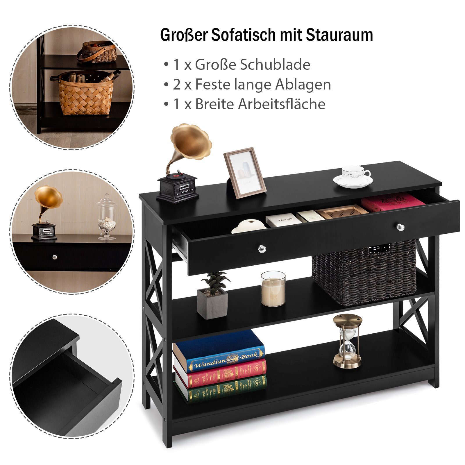 Konsolentisch, 3 & schwarz 100cm schmal, COSTWAY Schublade Regal, Ebenen, mit Holz,