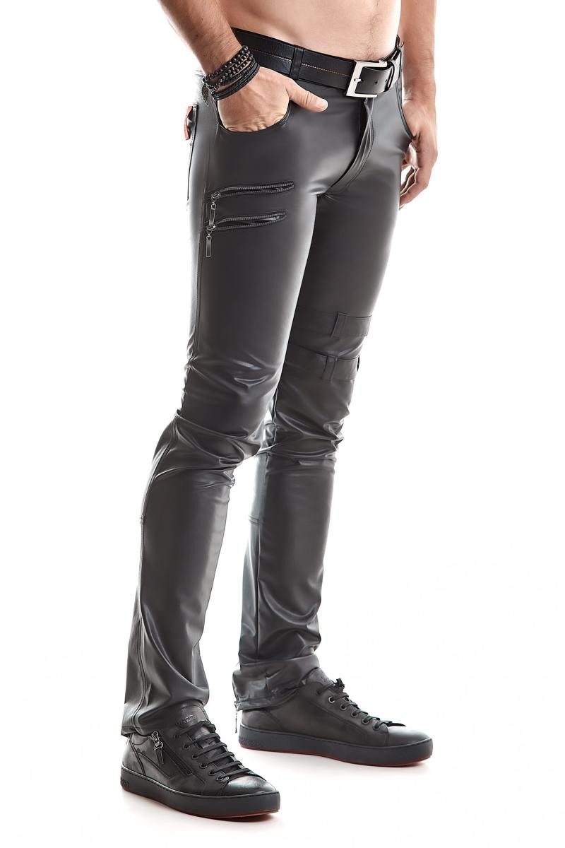 Lederimitathose Lange Herren wetlook Hose schwarz matt mit Reißverschlüssen und Schnal