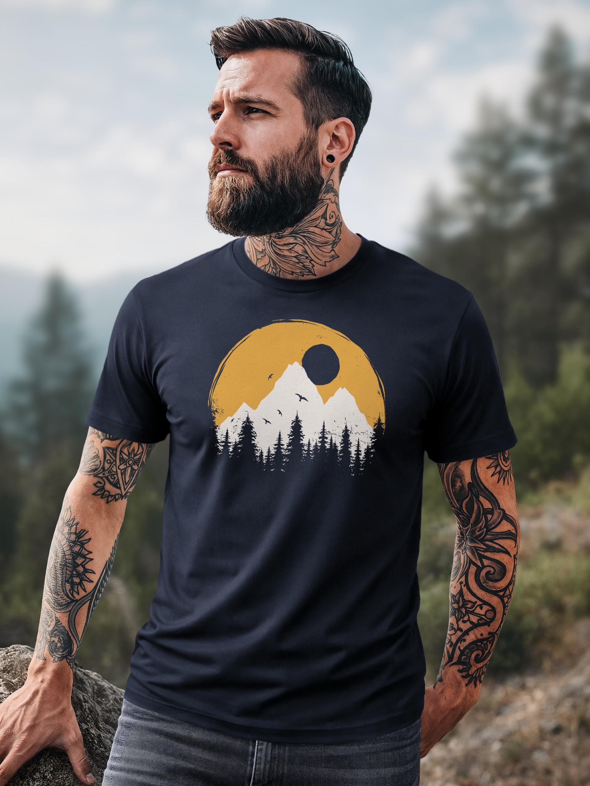 Neverless Print-Shirt Herren T-Shirt Outdoor Print Natural Badge Logo Wandern Fashion mit Print