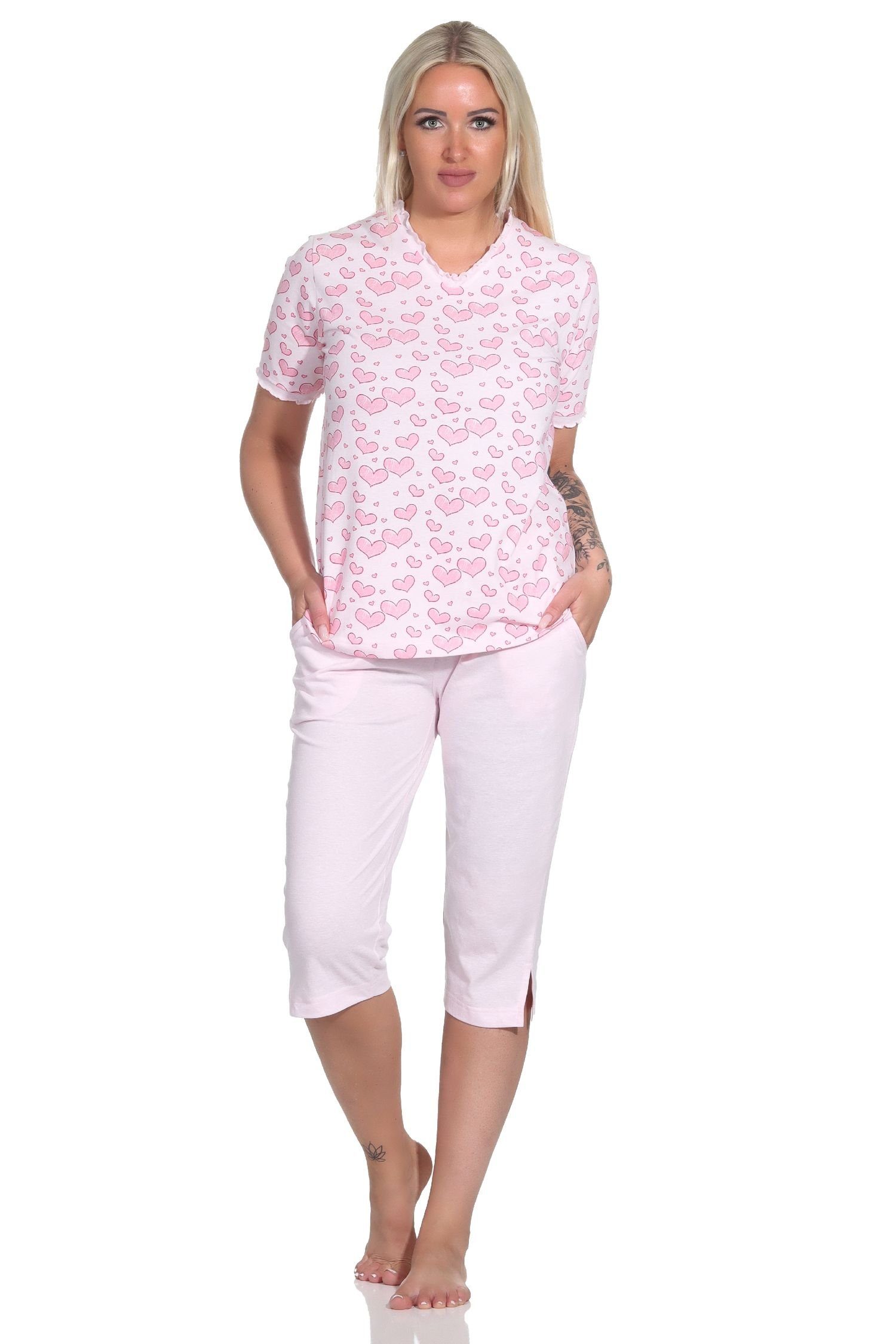 Normann Pyjama Herz Schlafanzug Kurzarm Damen Optik in Motiv mit rosa Caprihose