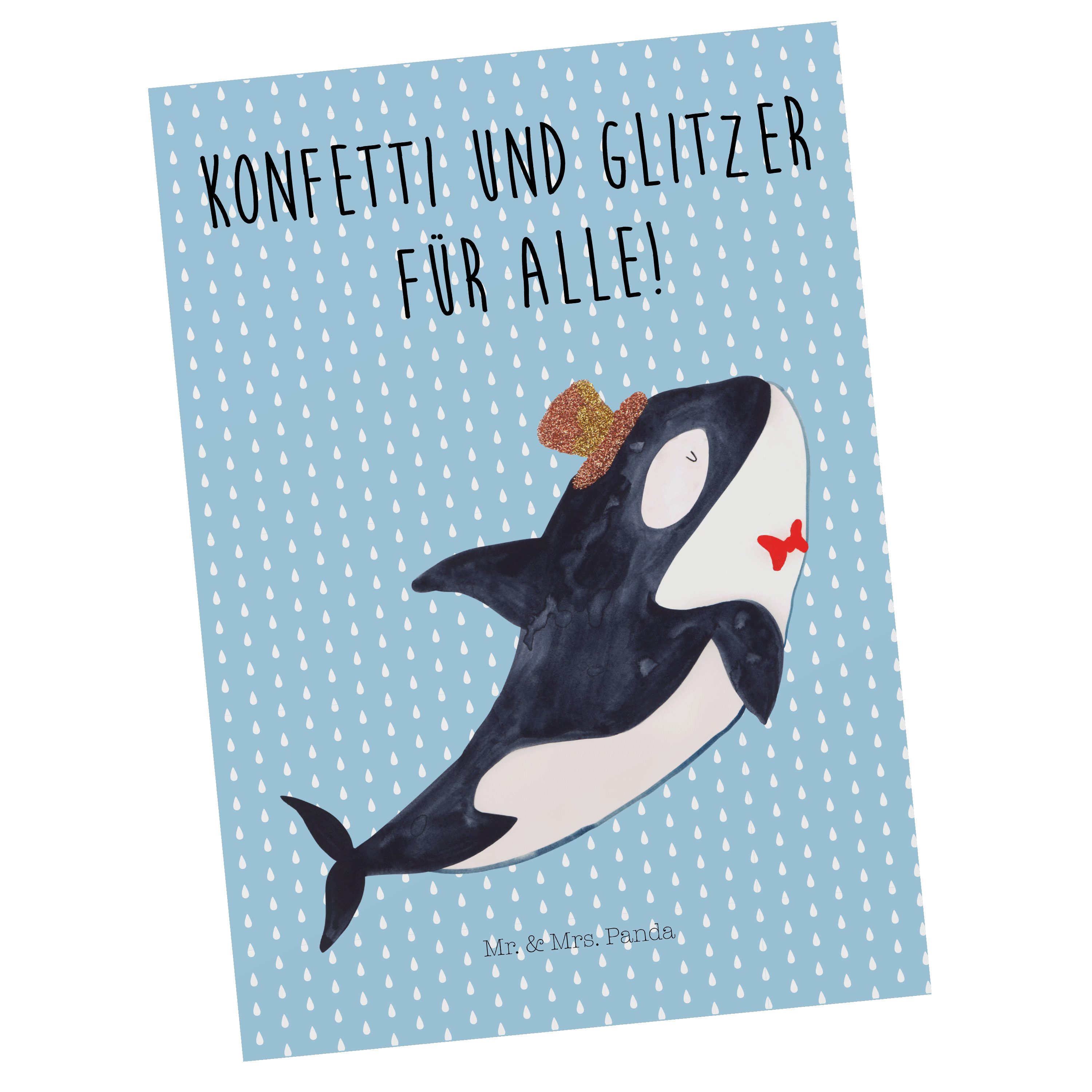 Mr. & Mrs. Panda Postkarte Orca Zylinder - Blau Pastell - Geschenk, Glitter, Meer, Glitzer, Einl