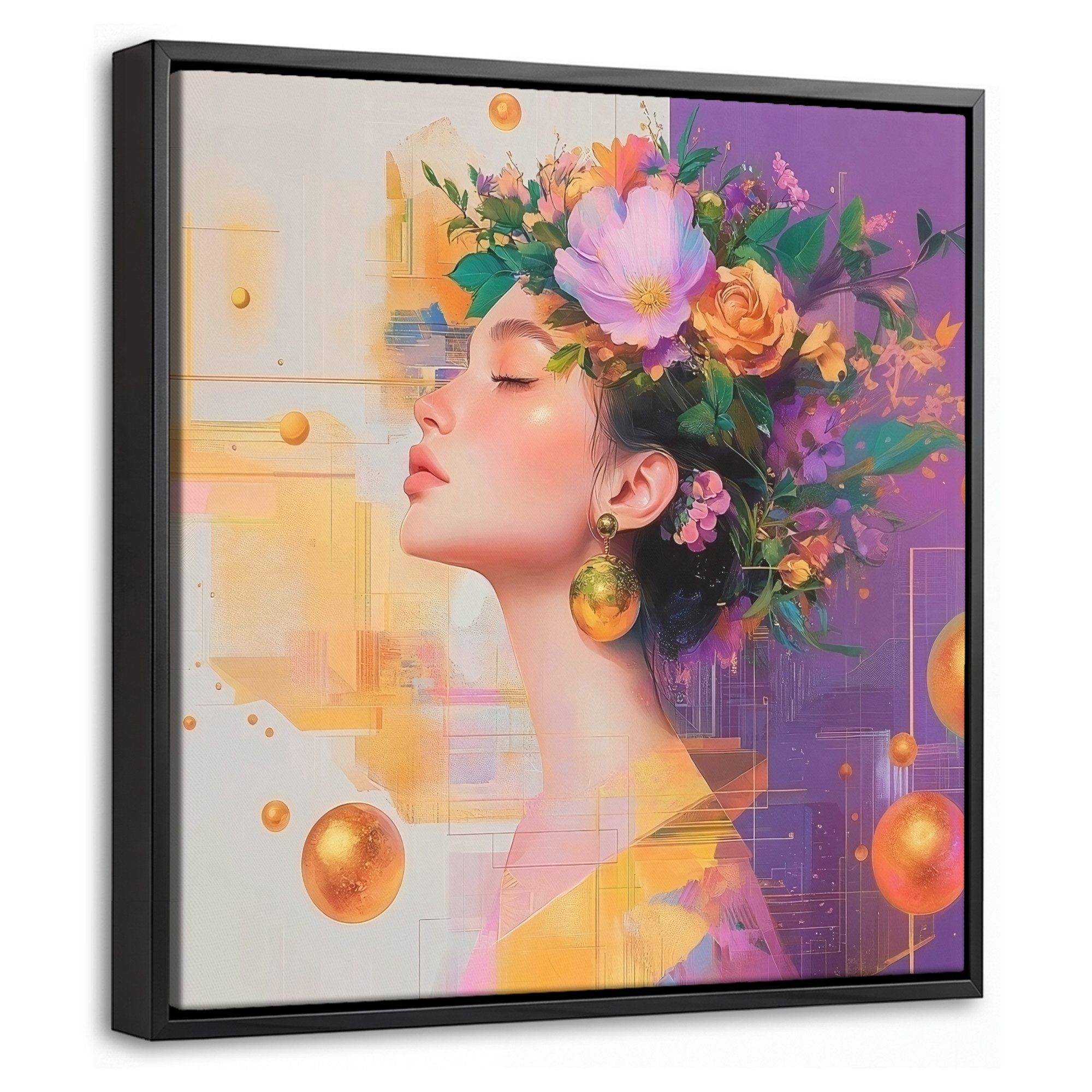 OneMillionCanvasses® Leinwandbild mit Rahmen - Abstrakt - Frau - Blumenkrone - Gold, Fotodruck (1 St), Leinwand Bilder Klein, Wand Dekoration Aesthetic 20x20cm