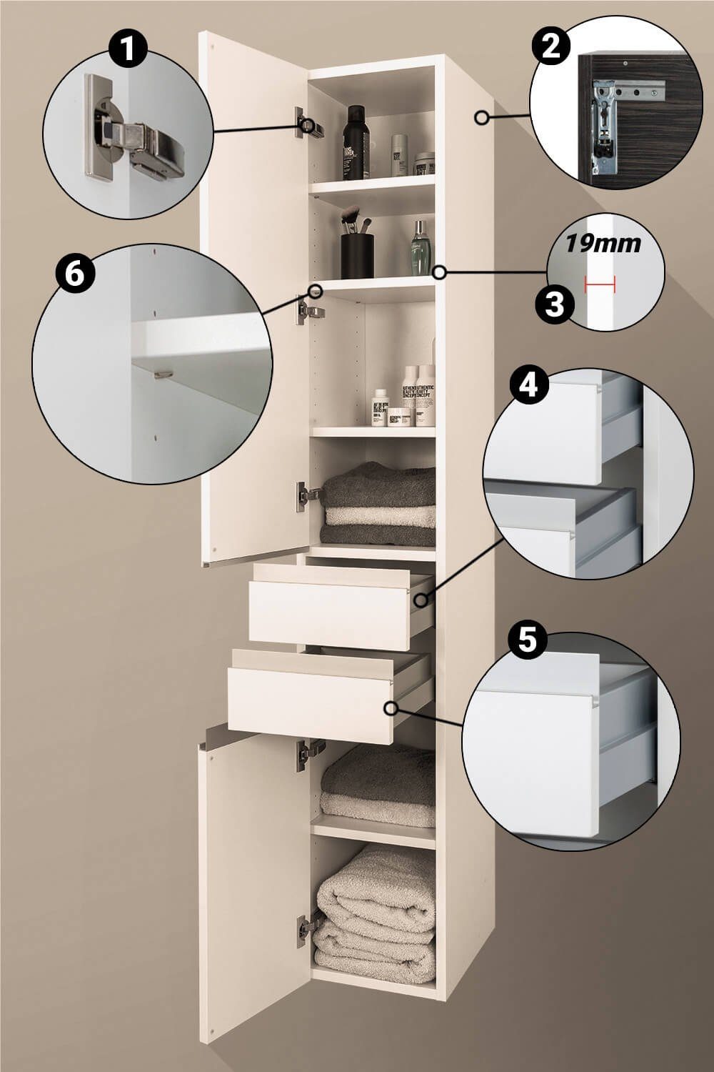 5 Hochschrank 40 badselekt Badezimmerschrank mit Weiß und Tür cm 1 (Hochglanz) grifflos 180 wandhängend Push-To-Open cm hoch breit Einlegeböden