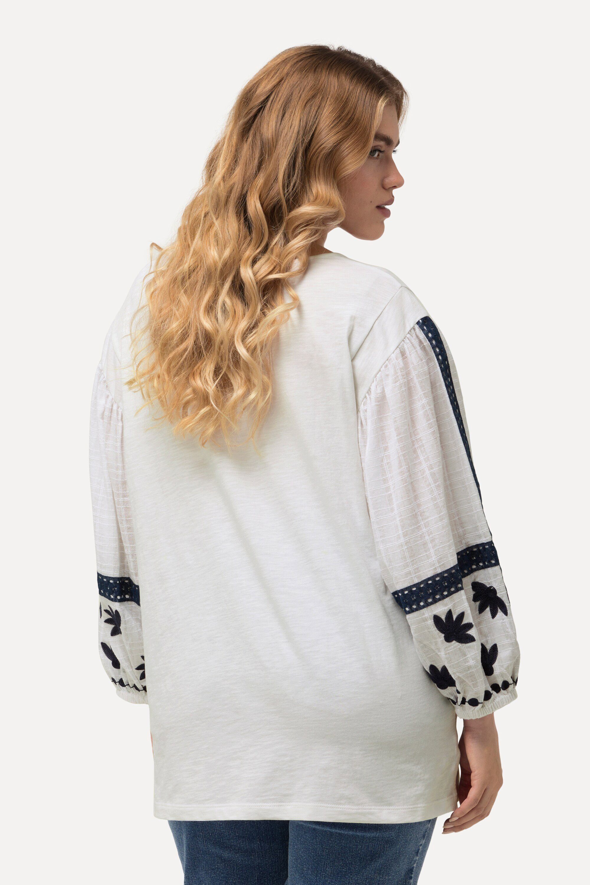 Ulla Popken Druckbluse Bluse Stickerei Tunika-Ausschnitt Langarm