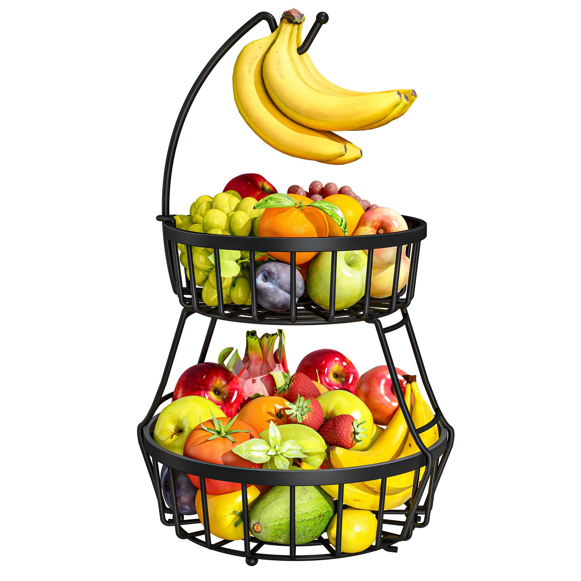 POPOLIC Obstschale 2-stöckiger Obstkorb aus Metall mit Bananenhaken, abnehmbar & belüftet