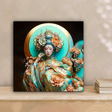 OneMillionCanvasses® Leinwandbild Frau - Kimono - Blumen - Gold - Porträt, (1 St), Leinwand Bilder für Wohnzimmer Schlafzimmer