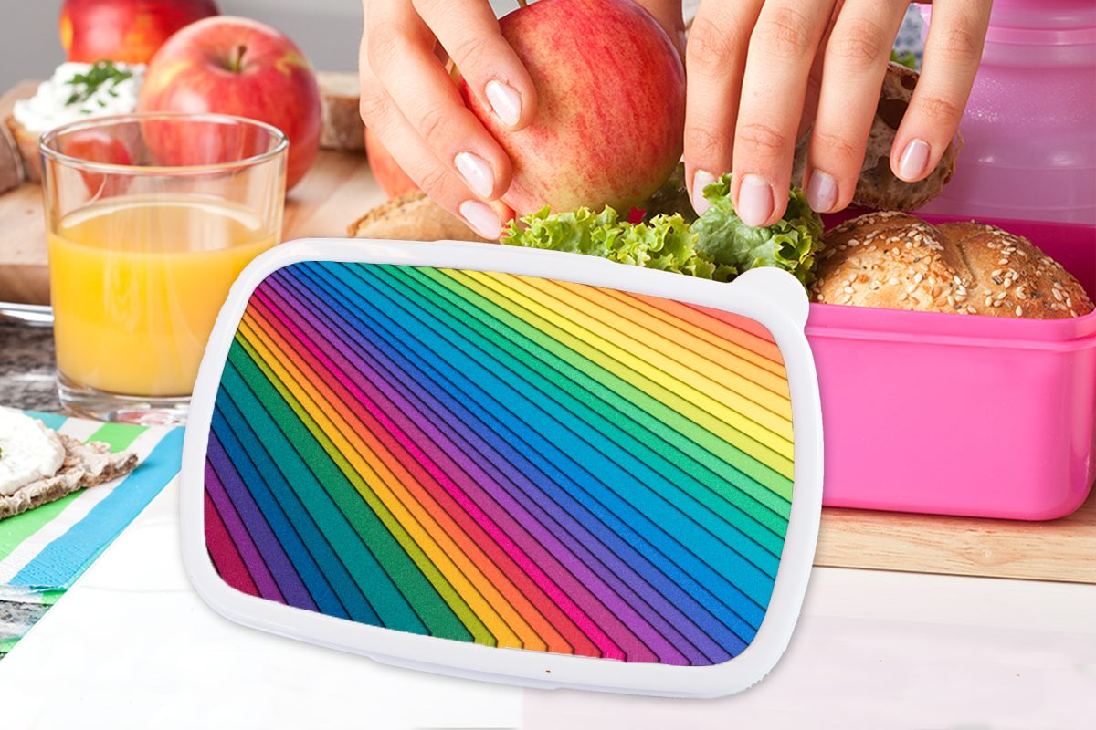 Regenbogenfarbenes rosa Kinder, Mädchen, Erwachsene, Lunchbox Kunststoff, (2-tlg), Kunststoff Brotbox Papier, MuchoWow Brotdose Snackbox, für