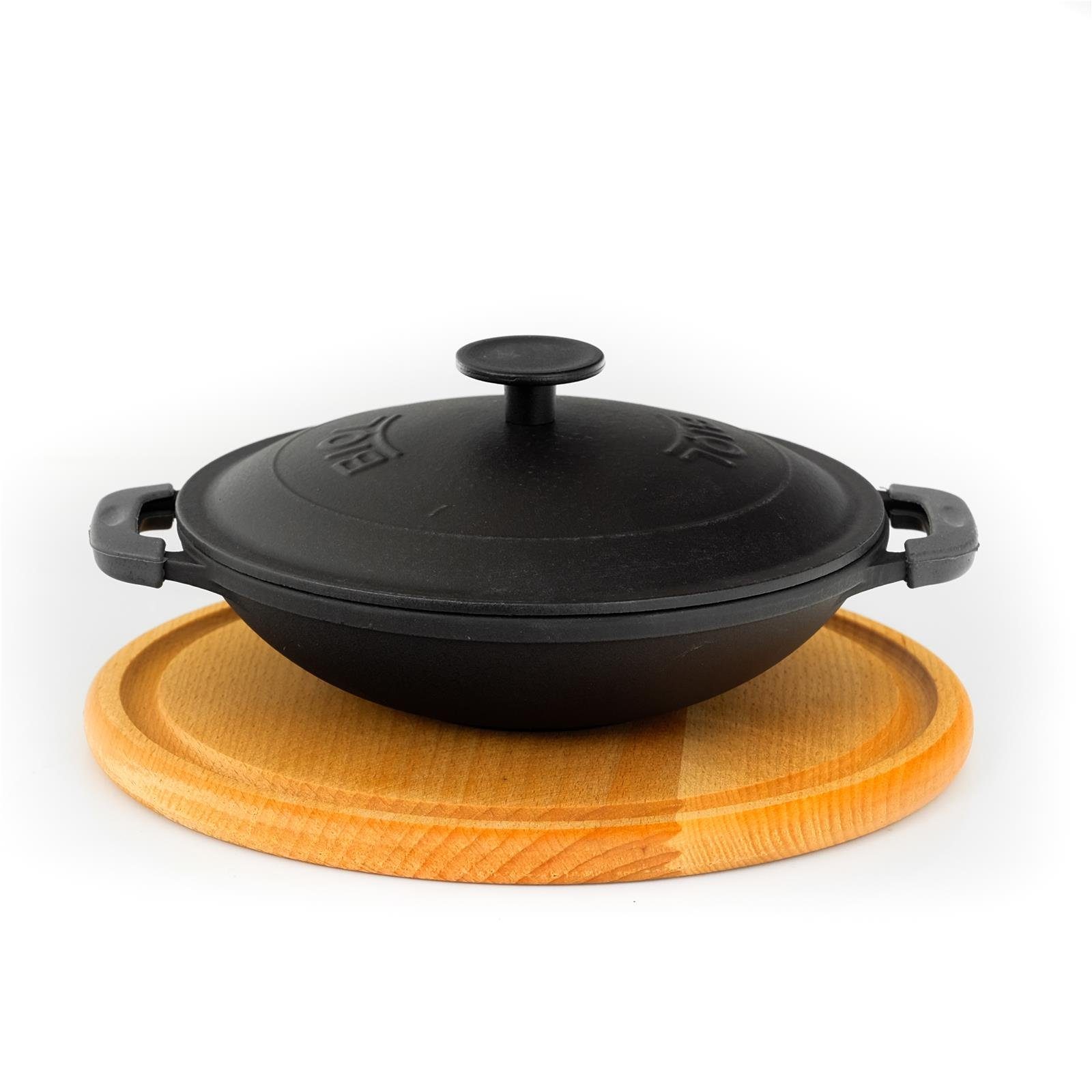 4BIG.fun Wok Servierpfanne 14cm Gusseisen emailliert Wok-Pfanne, Gusseisen (Gusswok Emaillie mit Holzbrett)