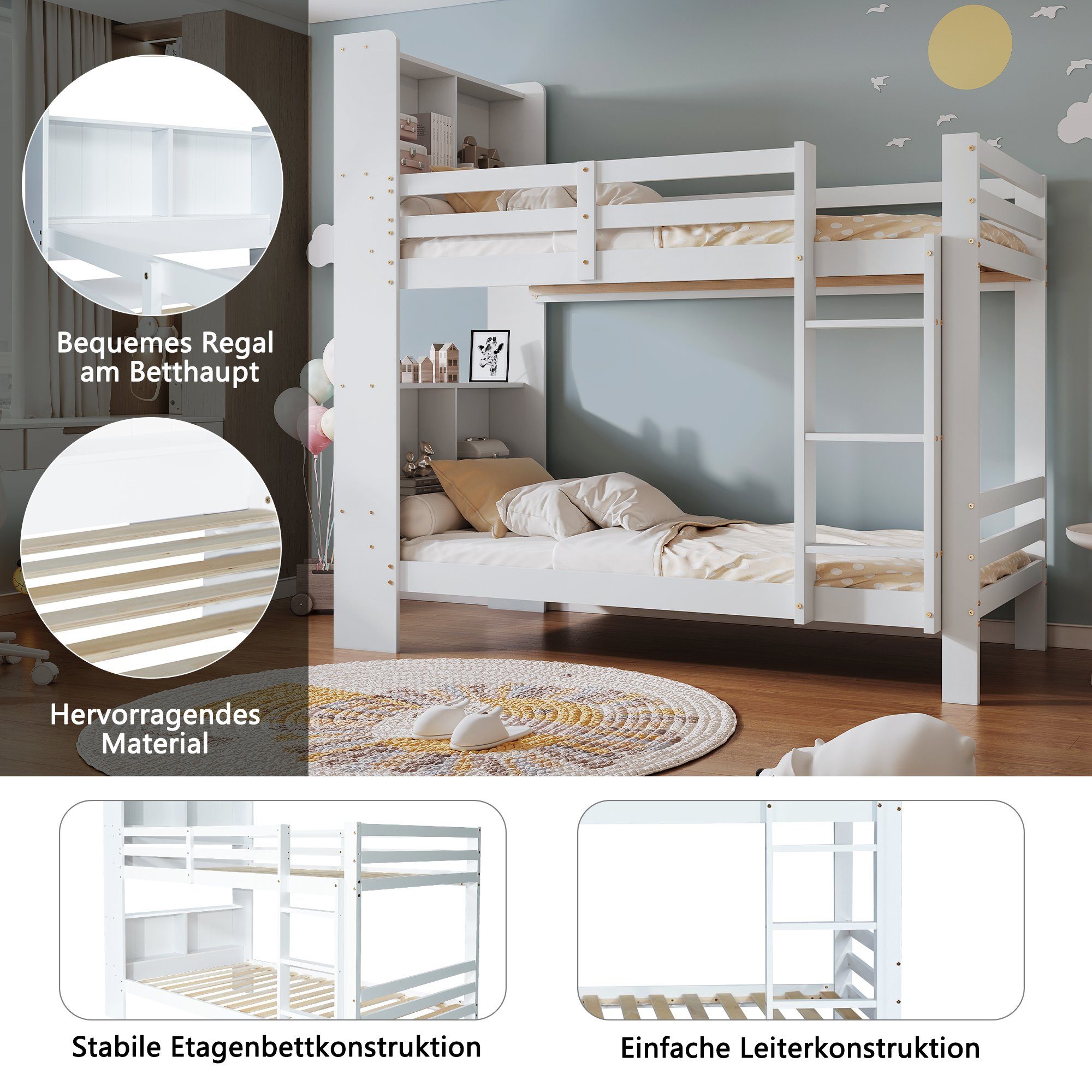 Etagenbett, Hochbett Kinderbett 90x200 cm mit Lattenrost, Leiter und Regale