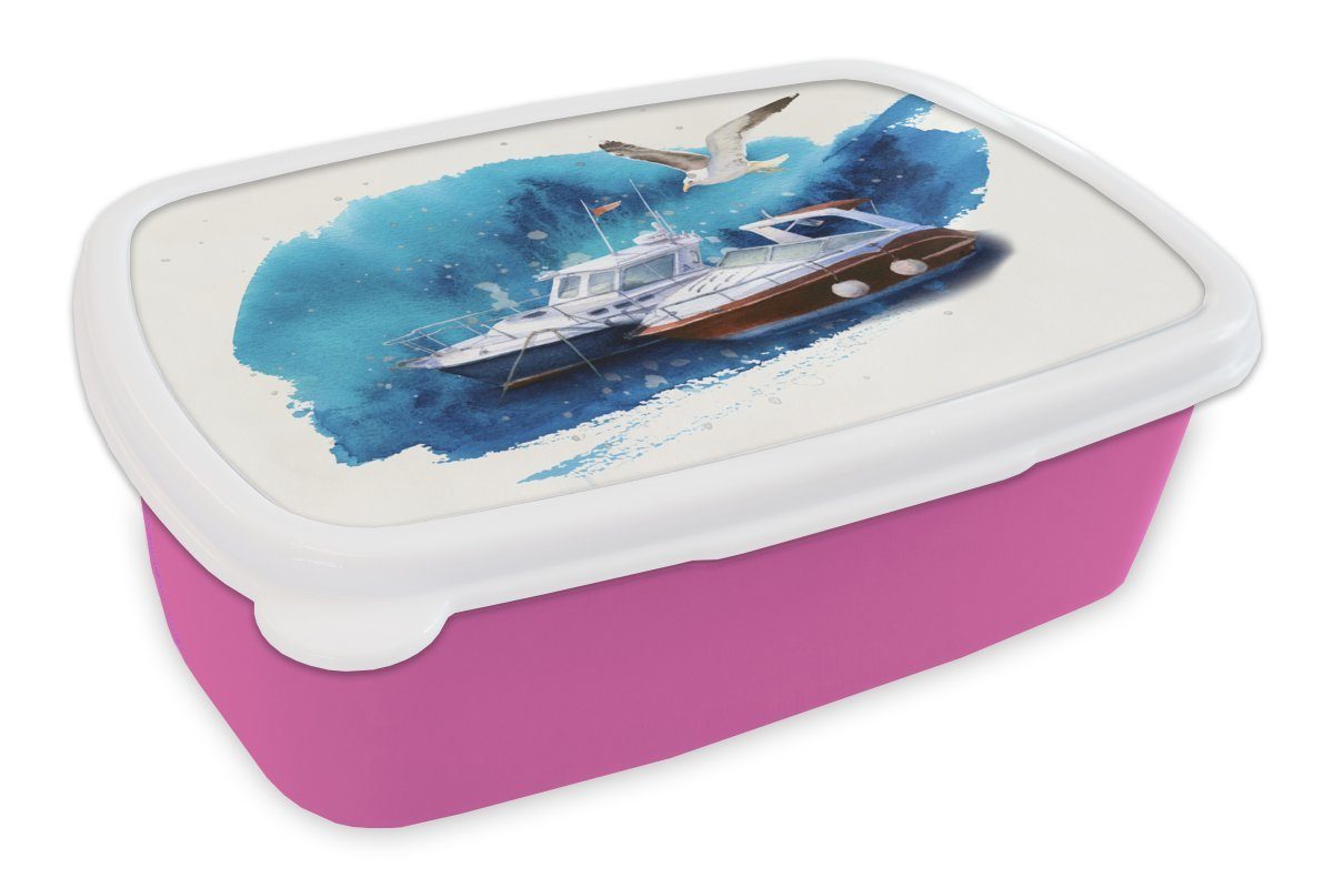 [Neueste Mode] MuchoWow Lunchbox - Mädchen, Boot rosa Kunststoff Brotbox Meer, Brotdose (2-tlg), für - Kunststoff, Kinder, Snackbox, Erwachsene, Vogel
