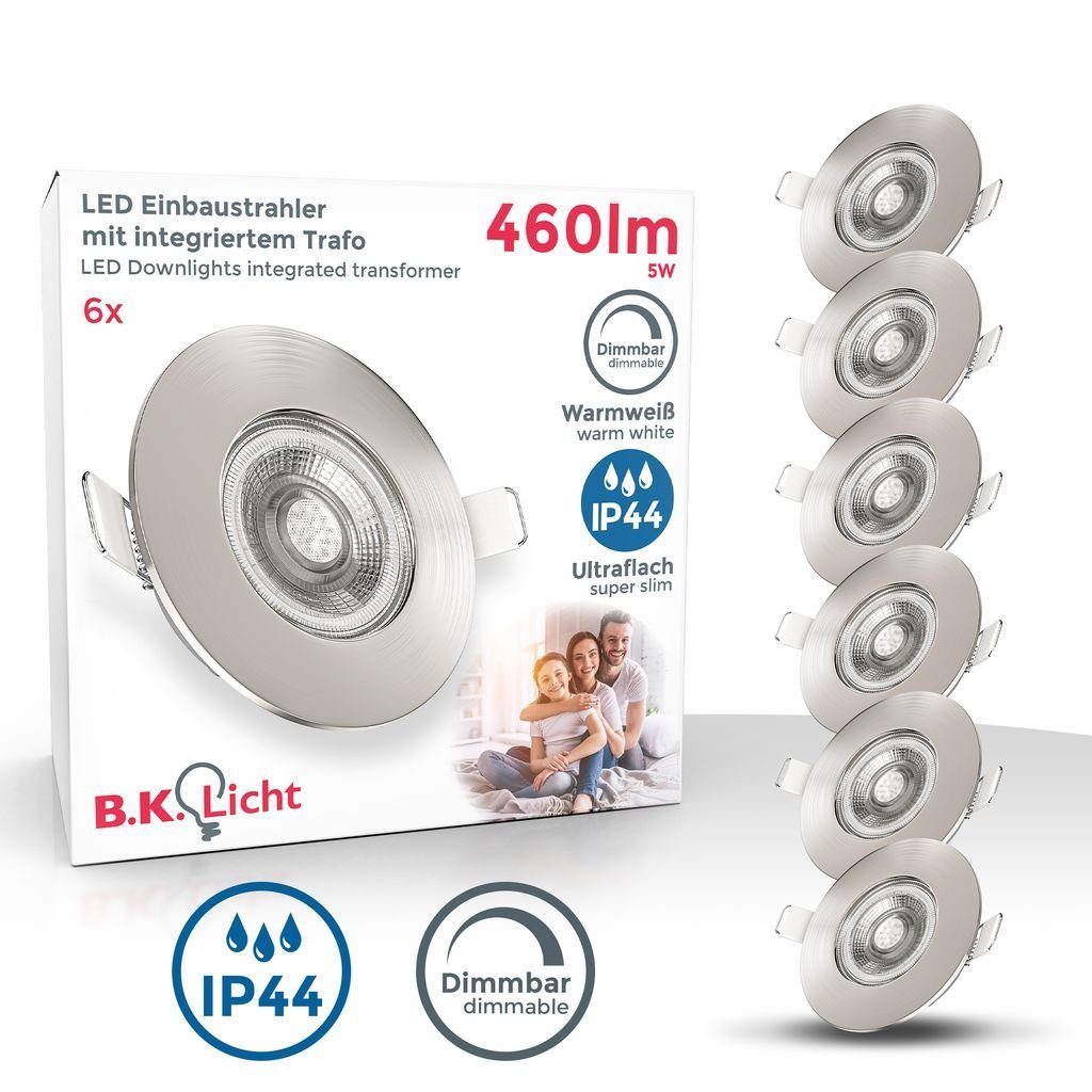 B.K.Licht LED Einbaustrahler LED Bad Einbauleuchten 6er Set Dimmbar Ultraflach 6x 5W IP44 - BKL1283, Dimmfunktion, LED fest integriert, Warmweiß, Ø90mm Matt-Nickel 6x 460 Lumen 3.000K IP44 Bad Badspots