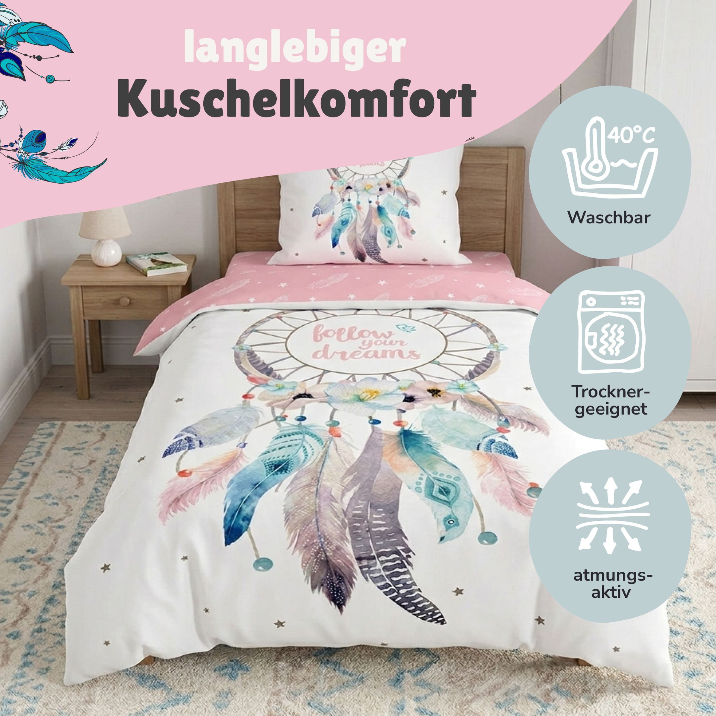 Familando Bettwäsche Dreamcatcher Traumfänger 135x200 80x80 cm Flanell mit Reißverschluss, Flanell, 2 teilig, für Kinder und Erwachsene im Bohemian Boho Style R – Bild 4 von 5