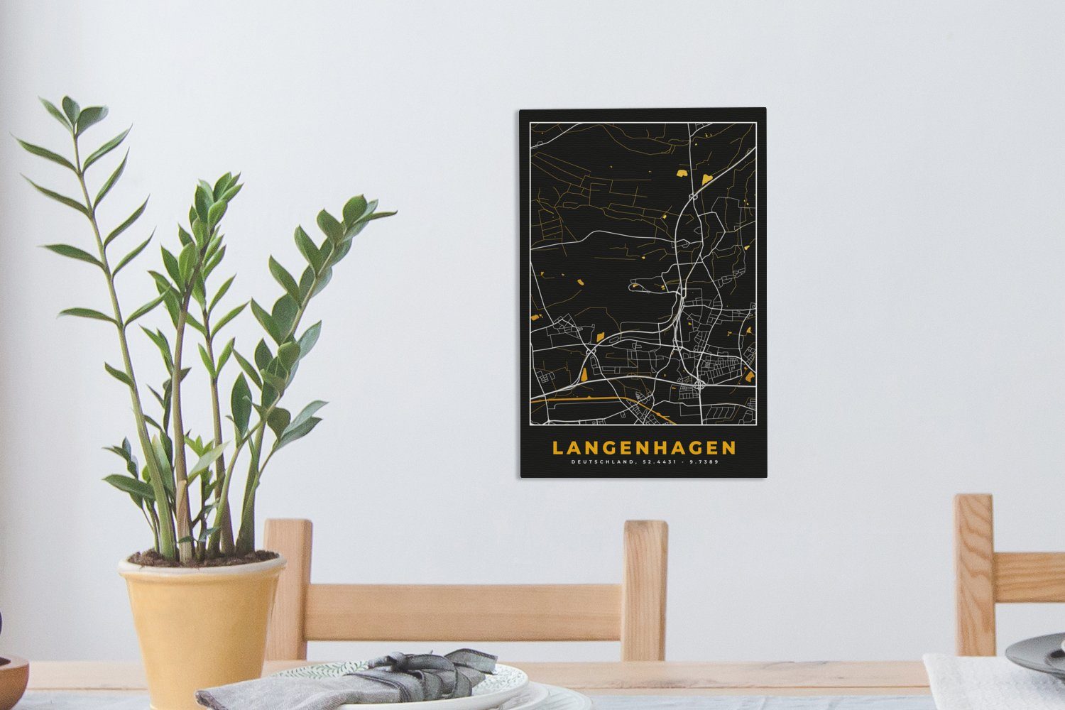 Leinwandbild Deutschland und Zackenaufhänger, cm Langenhagen - fertig bespannt Schwarz - - Stadtplan Leinwandbild (1 - inkl. Karte, OneMillionCanvasses® St), 20x30 Gold Gemälde,