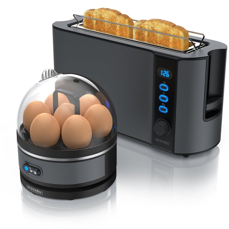 Arendo Frühstücks-Set (2-tlg), 2-Scheiben Langschlitz Toaster, 7er  Eierkocher, Grau