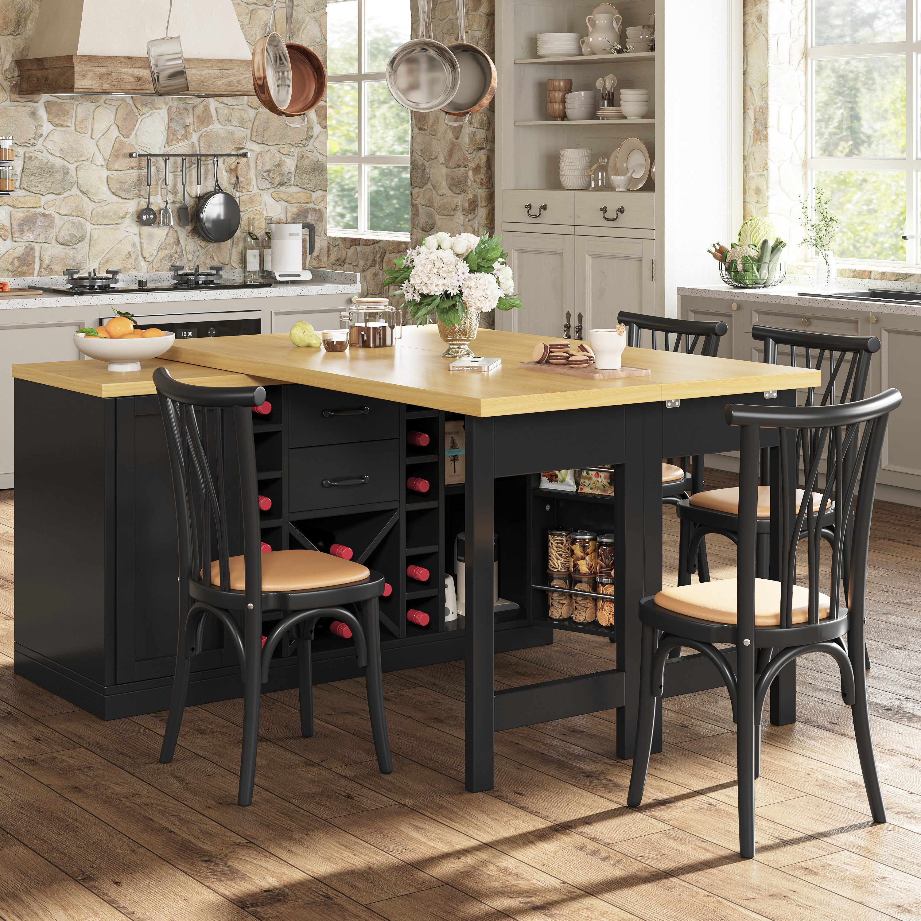 Flieks Kücheninsel mit 360° drehbarer und klappbarer Esstisch, (Holzoptik Tischplatte Tiefe 40-80cm, Längenverstellbar 120-223cm), ausziehbarer Arbeitstisch & Mehrzweckschrank für Mülleimer Schwarz