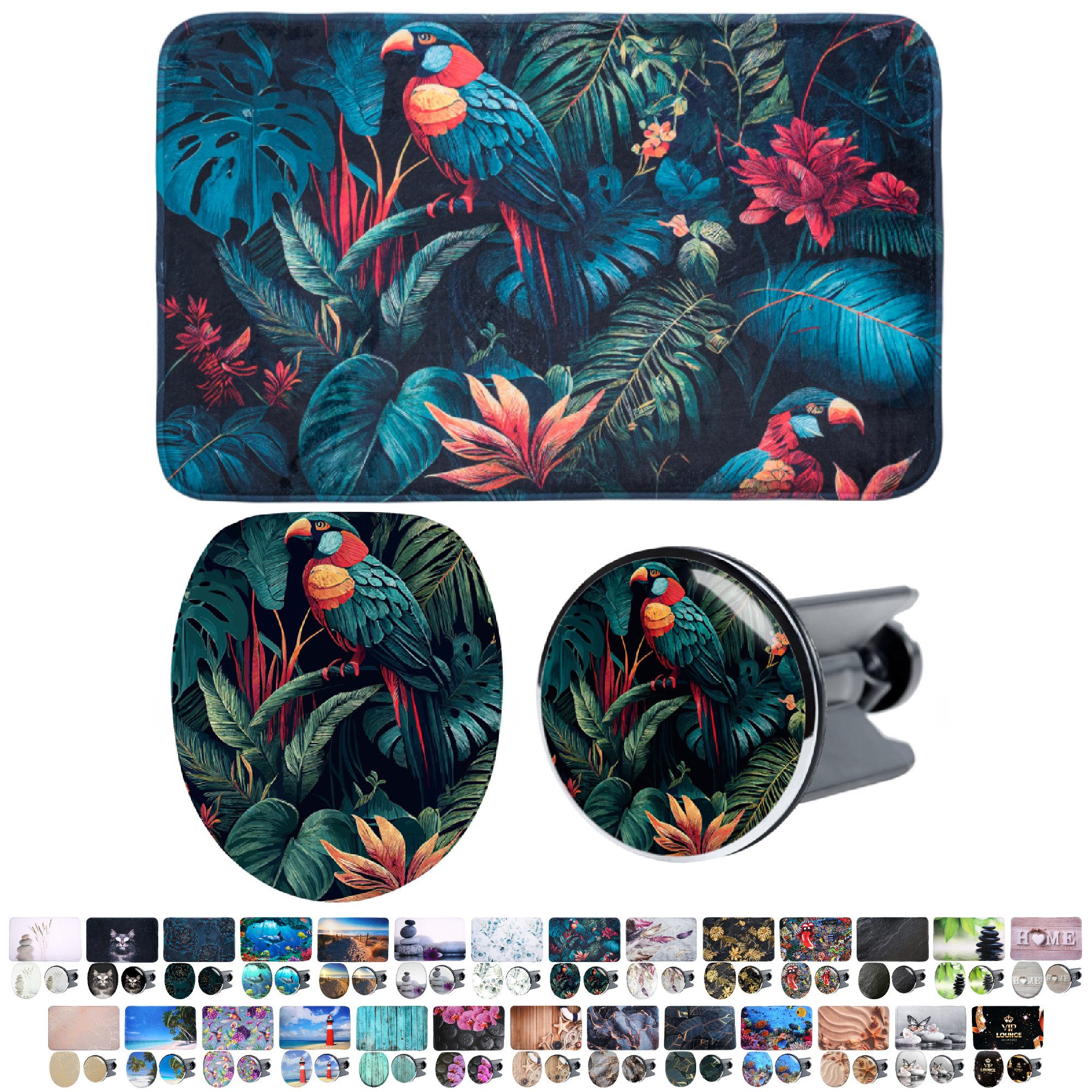 Sanilo Badaccessoire-Set 3-teilig mit Motiv, viele schöne Sets zur Auswahl, WC-Sitz mit Absenkautomatik, Badteppich 70 x 110 cm, Waschbeckenstöpsel, 3 tlg., 3-teilig, hochwertig & modern, universell, leichte Montage