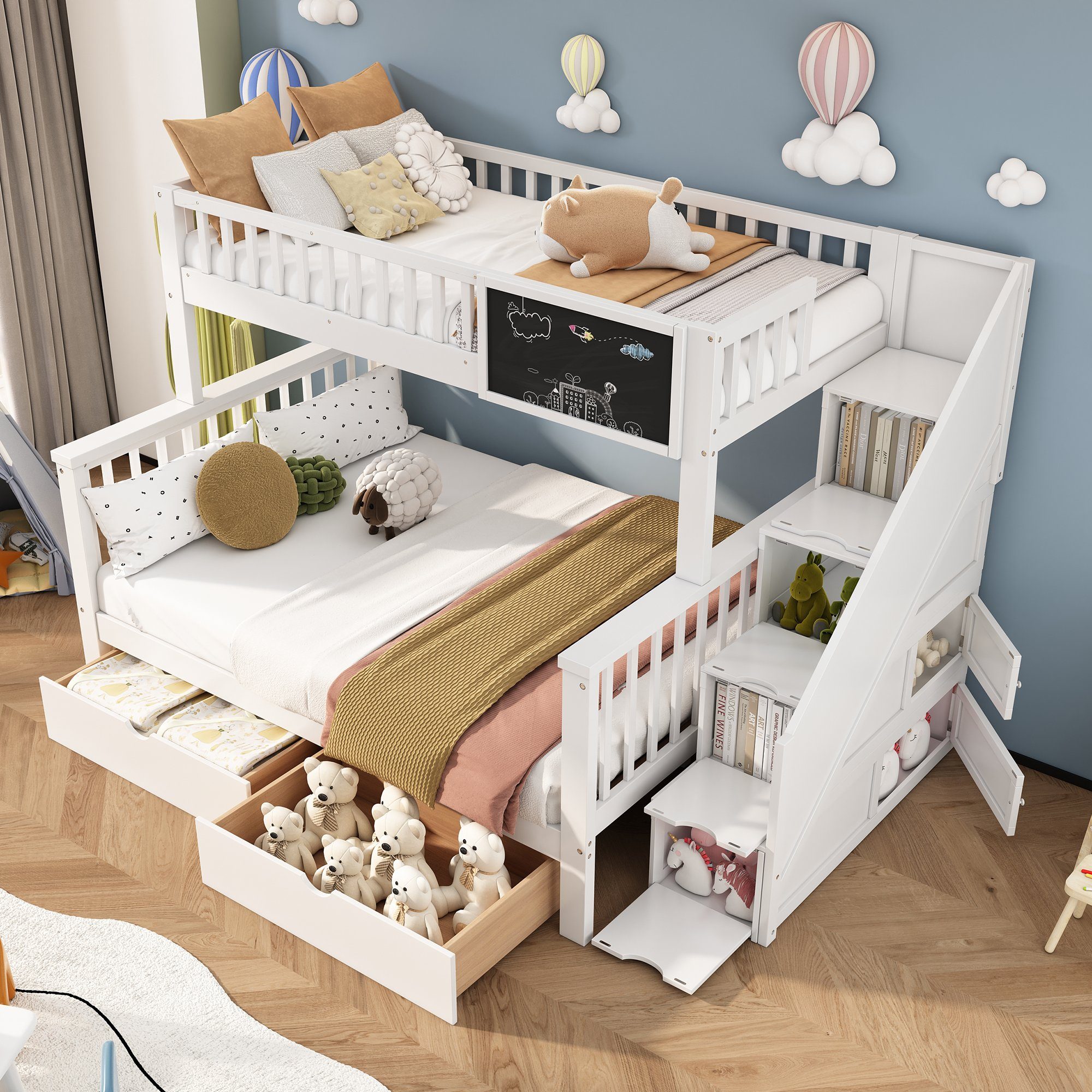 OKWISH Etagenbett Kinderbett, mit Tafel Treppe Schubladen 90x200cm+140x200cm weiß