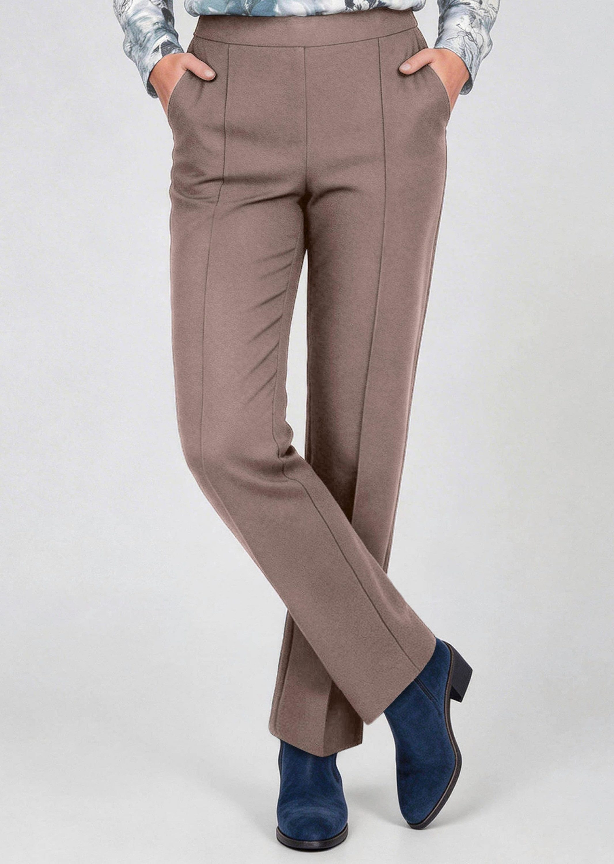 GOLDNER Schlupfhose Jerseyhose CARLA aus Flanell Gerade Hose mit Schlupfbund, Taschen und Biesen