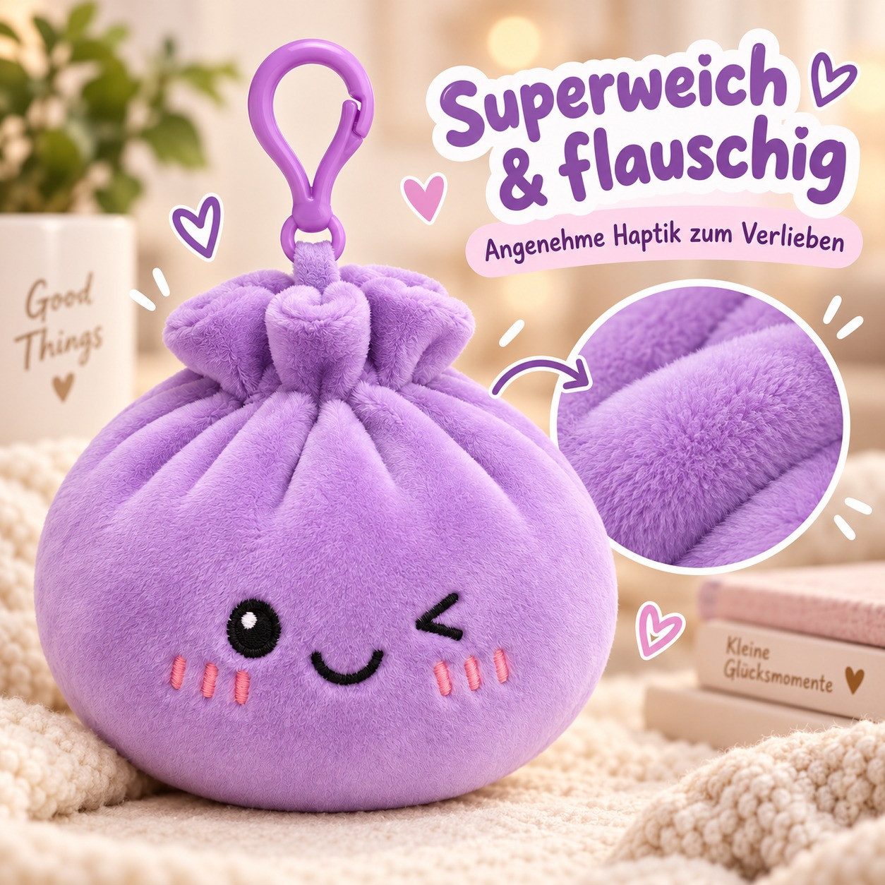 Bert Struis Gepäckanhänger Kawaii Dumpling Bagclip Taschenanhänger Schlüsselanhänger 12cm lila (Set, 1-St., Geschenk-Set) Plüschanhänger mit niedlichem Kawaii-G – Bild 3 von 5