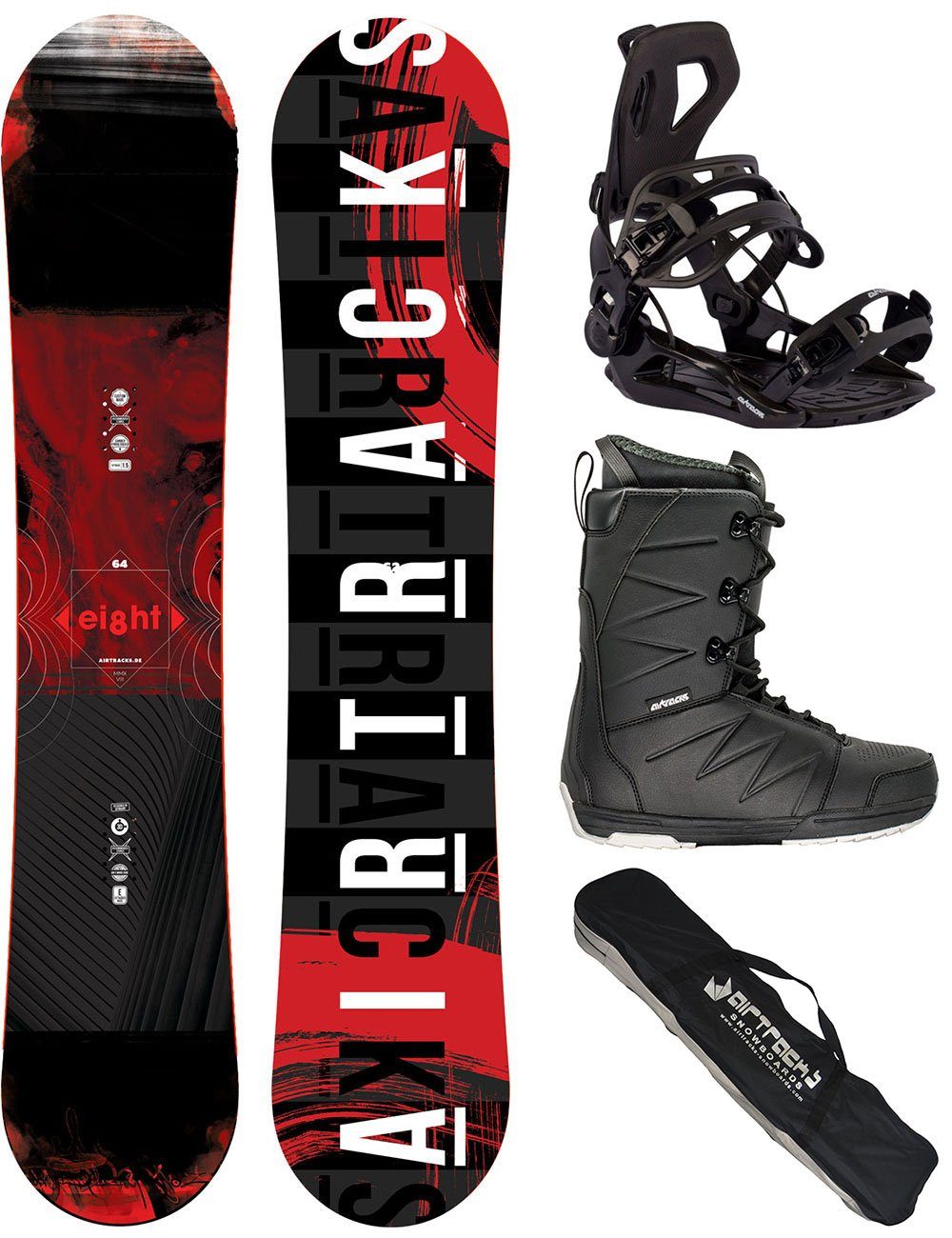 Airtracks Snowboard Herren Snowboard Komplett Set Eight Rocker Wide » Mod. 23 (4er Pack), Snowboard + Bindung Master + Boots + SB Bag / 150 155 160 164 cm