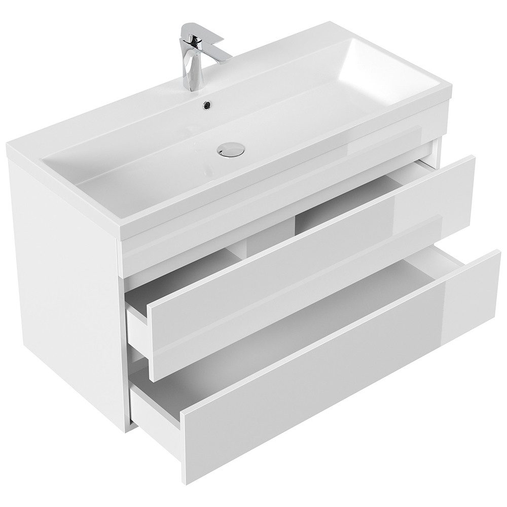Lomadox Waschtisch FROME-02, 100 cm, hängend, weiß Hochglanz, mit 2 Schubladen