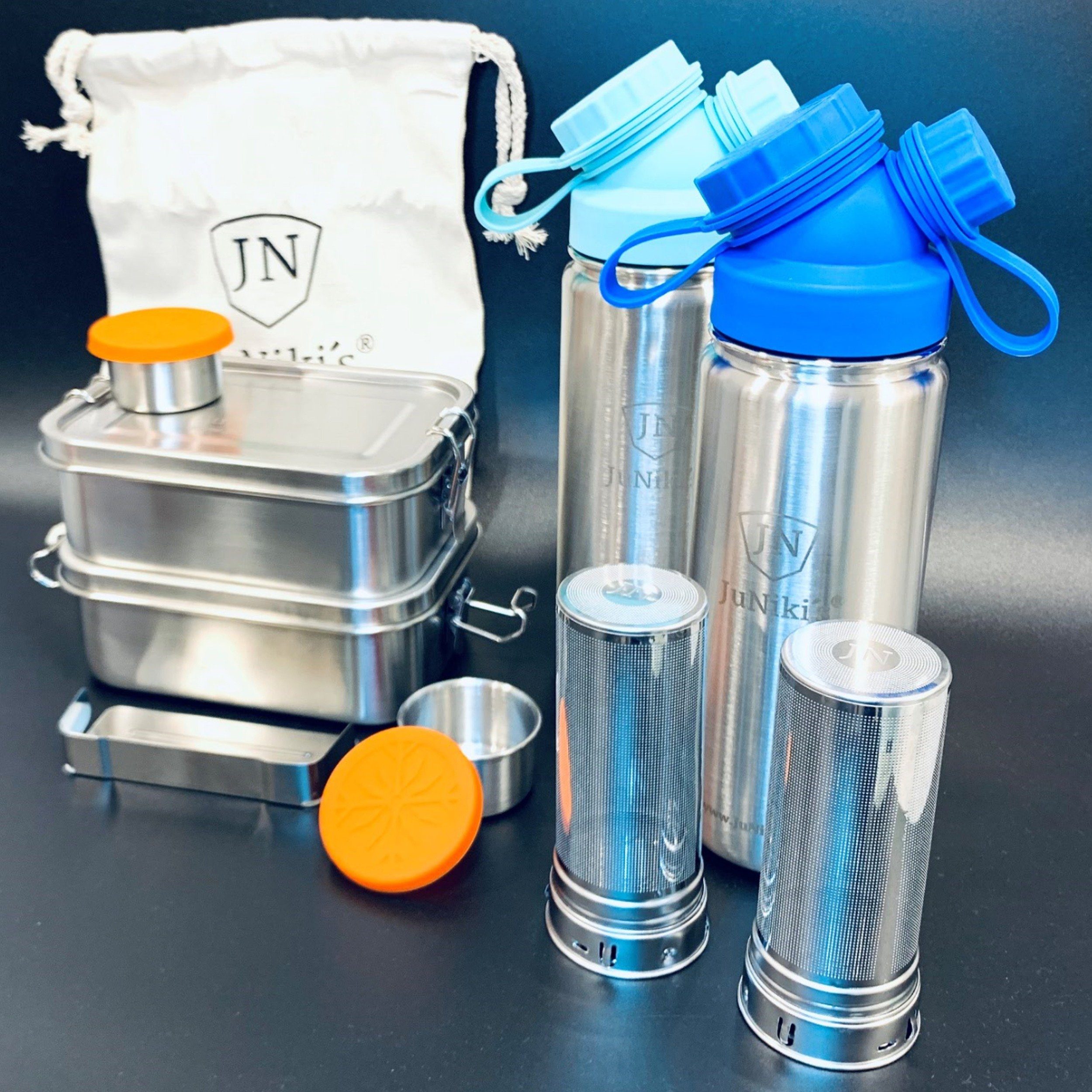 JN JuNiki´s Lunchbox Premium-Schüler-Set aus Edelstahl, Edelstahl, 2er-Spar-Set: Je 2x JuNiki´s® Lunchbox + Trinkflasche isoliert 550ml + Teefilter Türkis-Blau