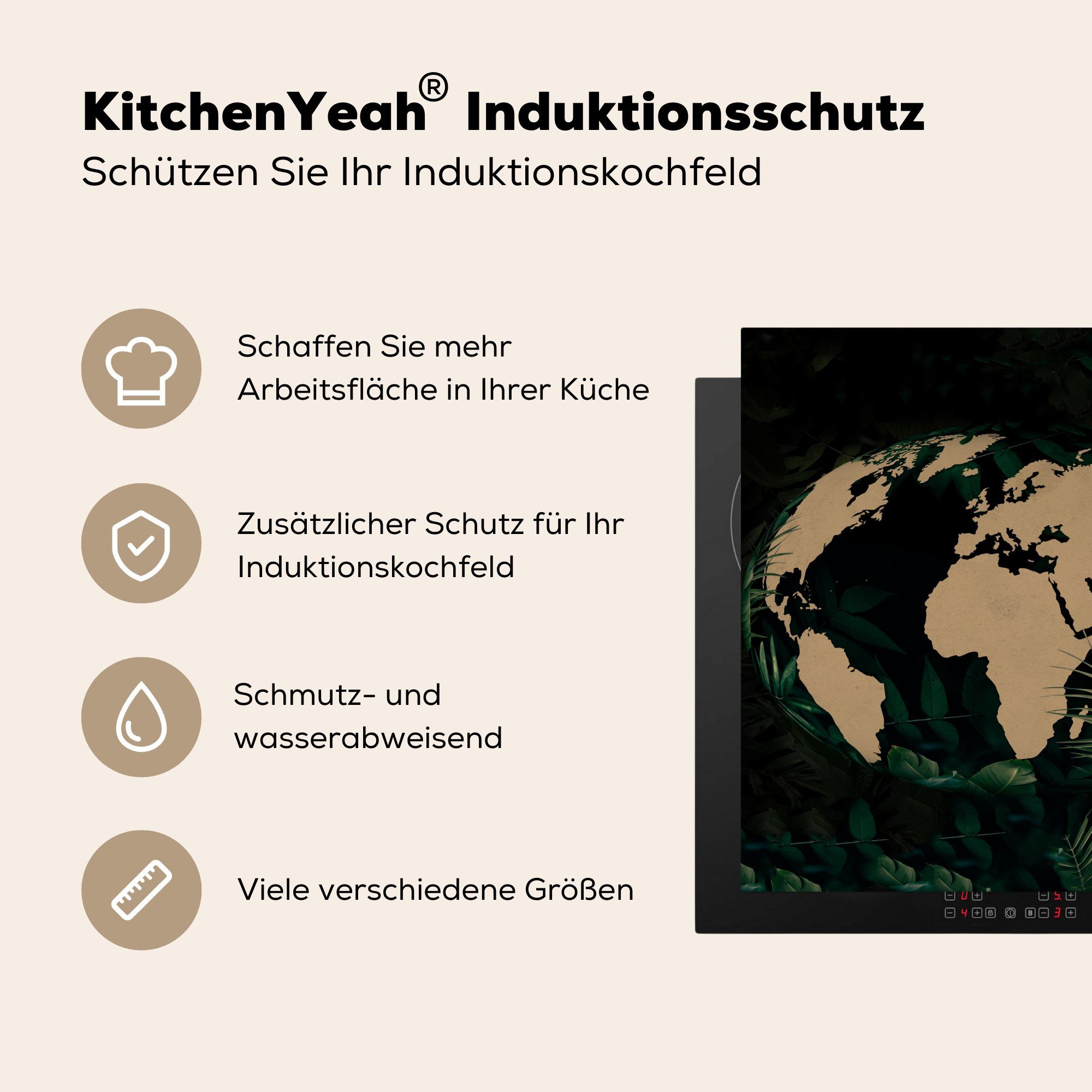 MuchoWow Herdblende-/Abdeckplatte Weltkarte - Globus Vinyl, Pflanzen, - cm, 78x78 Arbeitsplatte (1 tlg), Tropische Ceranfeldabdeckung, für küche