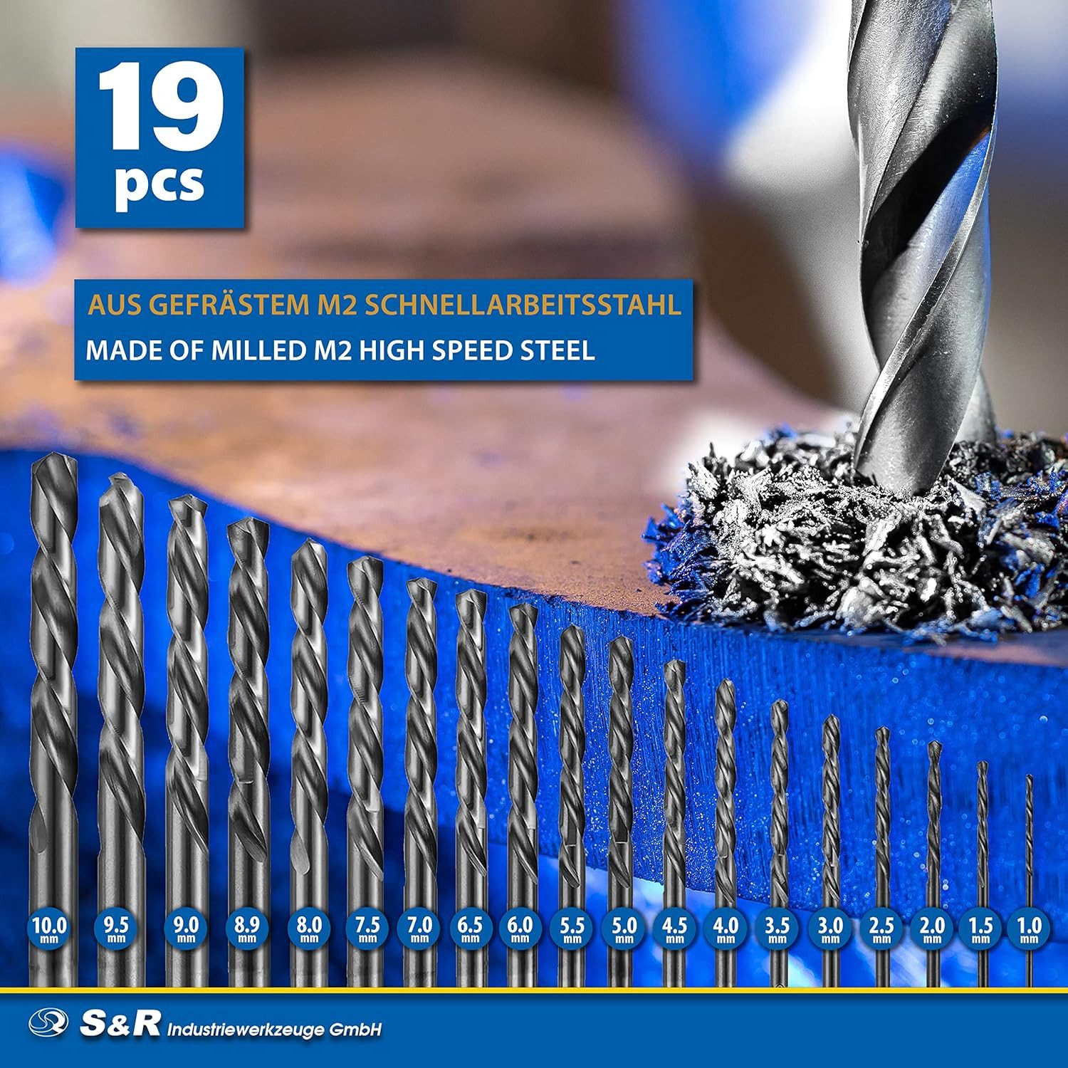 S&R Metallbohrer Industrie-Qualität, extra hohe Standzeit,118° Spitzenwinkel, HSS-Stahl, (Set, 19-teilig, ø 1-10 mm), DIN 338, geschliffen, Stahlbohrer-Satz, in praktischer Metallbox