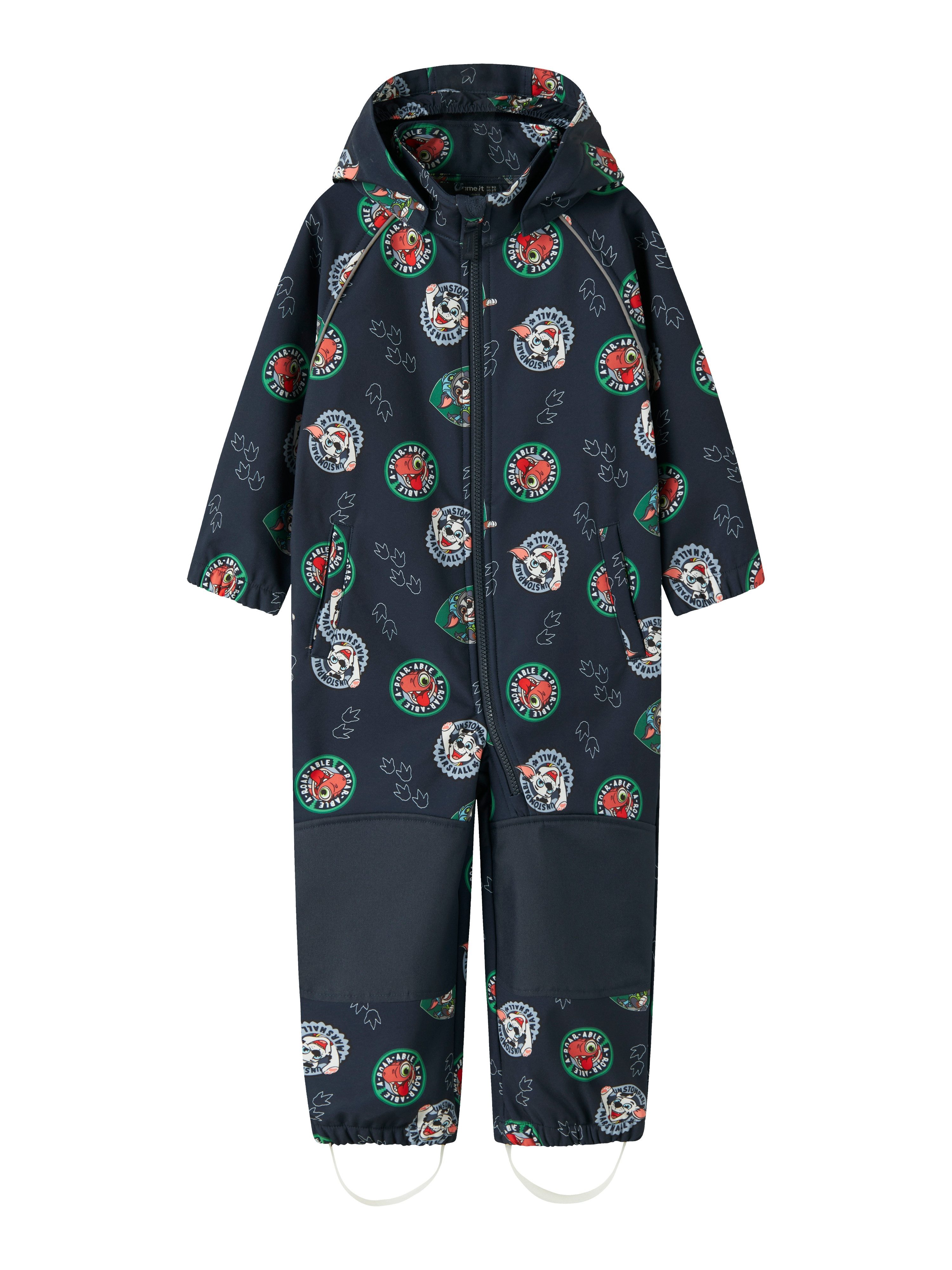 Name It Softshelloverall NMMALFA08 PAW SOFTSHELL SUIT NOOS CPLGM Materialmix, reflektierende Details und abnehmbare Kapuze