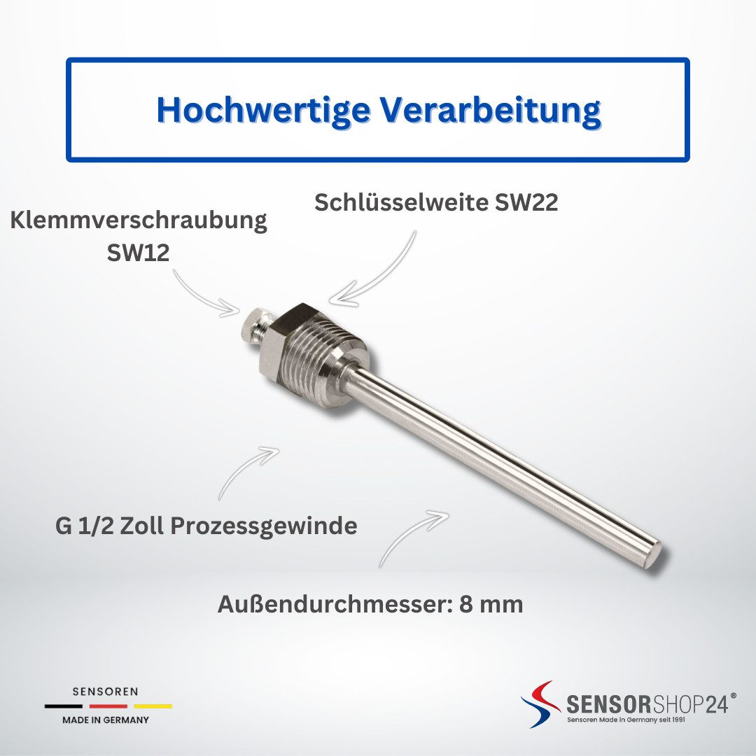 Thumbnail - Sensorshop24 Sensor Tauchhülse Edelstahl für Temperaturfühler G1/2 Zoll