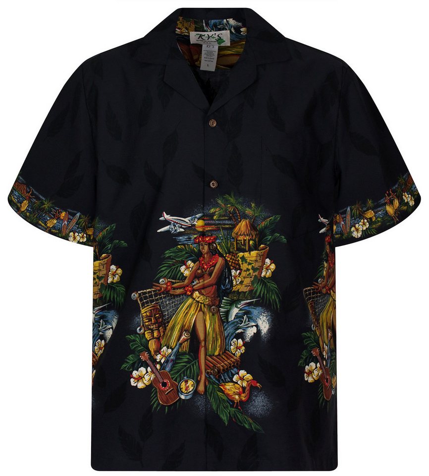 KY's Hawaiihemd "Hula" Herren Kurzarm Baumwolle Kokosknöpfe Original Hawaii
