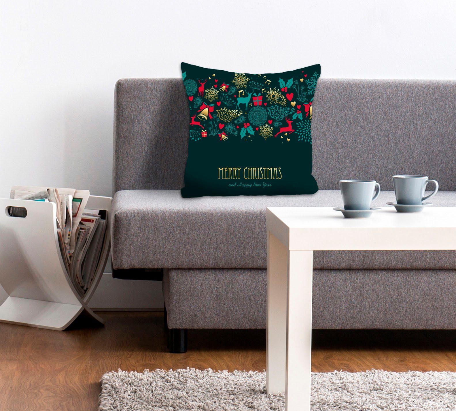 queence Dekokissen Feiertage, Kissenhülle,Merry Christmas and a Happy New Year,Schriftzug,Festlich