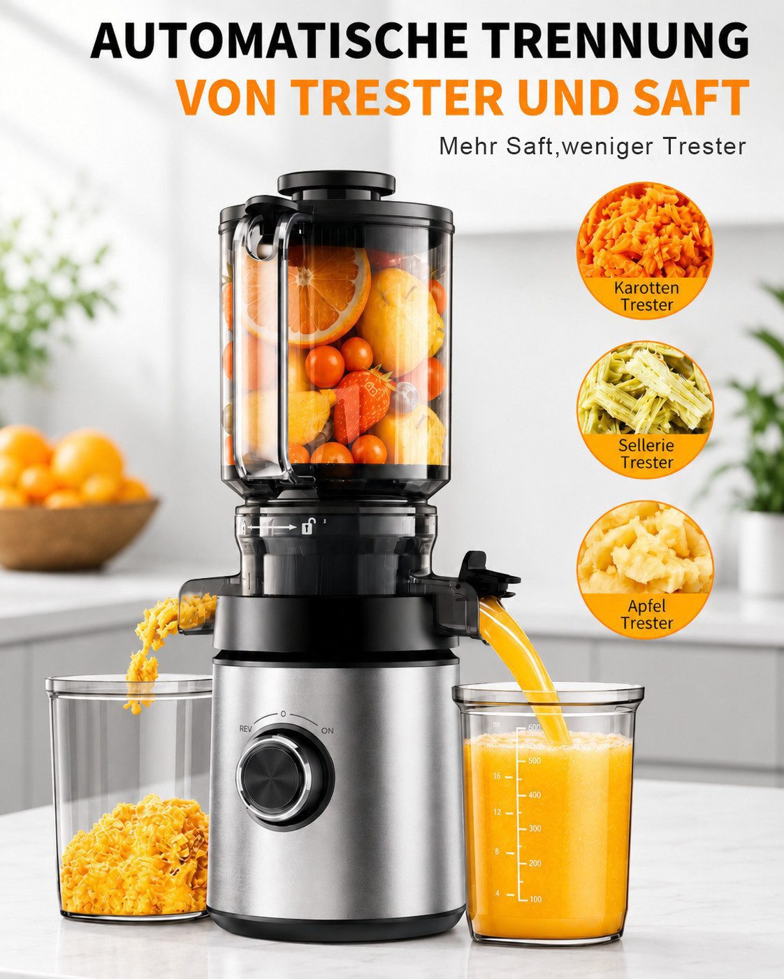 Fyrove Slow Juicer Entsafter Gemüse und Obst Testsieger, 2L mit 140mm XL-Einfüllschacht, 400 W, Elektrische Juicer Machine für Familien mit 2 Gläsern – Bild 2 von 5