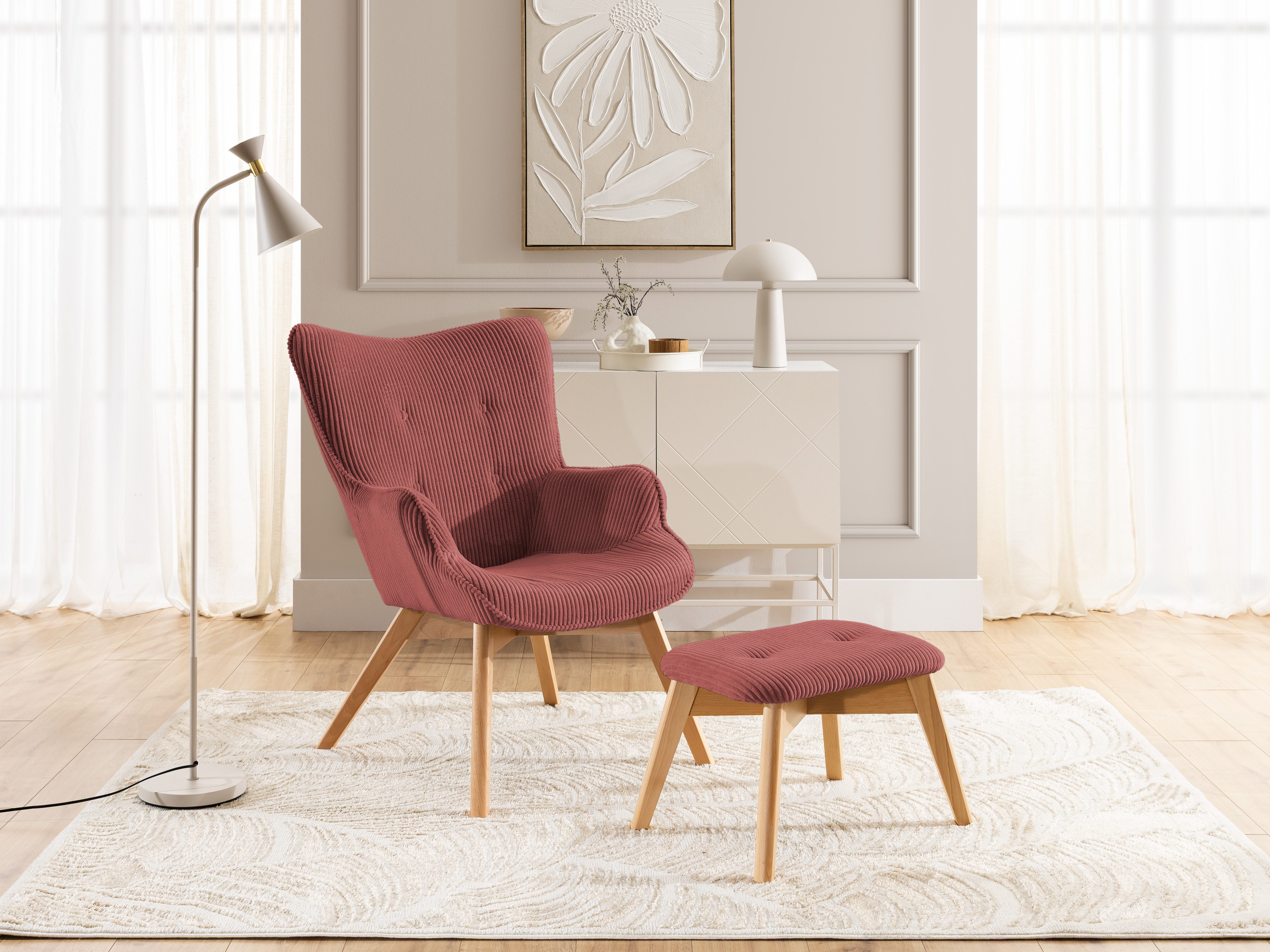 S-Style Möbel Loungesessel mit Fußhocker Lenari aus Cordstoff mit Füßen aus Massivholz (1 x Lounge-Sessel, 1 x Hocker)