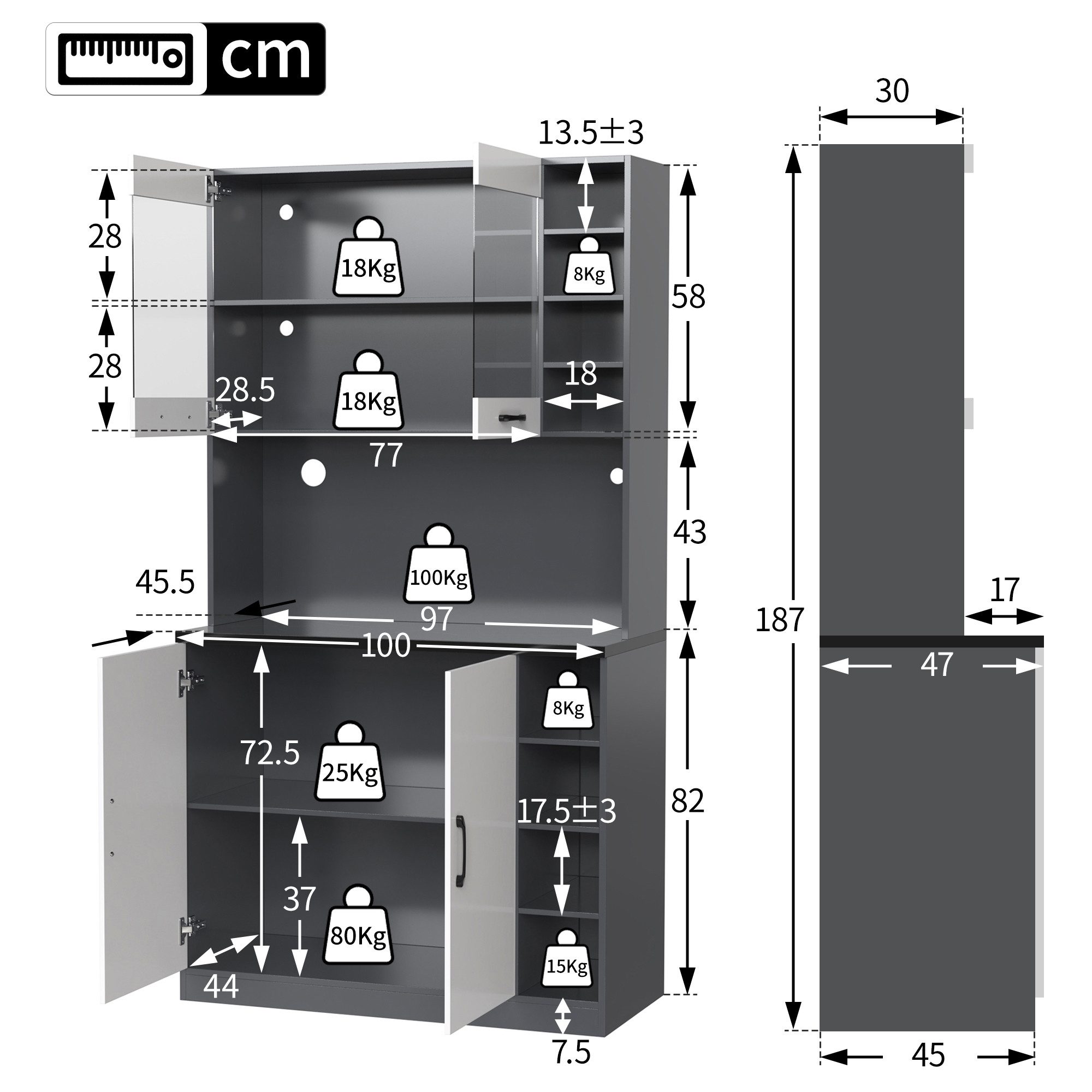 Flieks Küchenbuffet Hochschrank mit LED-Beleuchtung und Glastüren (100x47x187 cm, 1-St., höhenverstellbare seitliche Ablagefächer) Küchenschrank mit Arbeitsplat – Bild 4 von 5