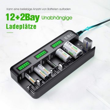 EBL 12+2 Akku Ladegerät-Schnell Batterie ladegerät Batterie-Ladegerät (1-tlg., für AA/AAA/C/D NI-MH/NI-CD Akku & 9V Li-ion/NI-MH Akku)