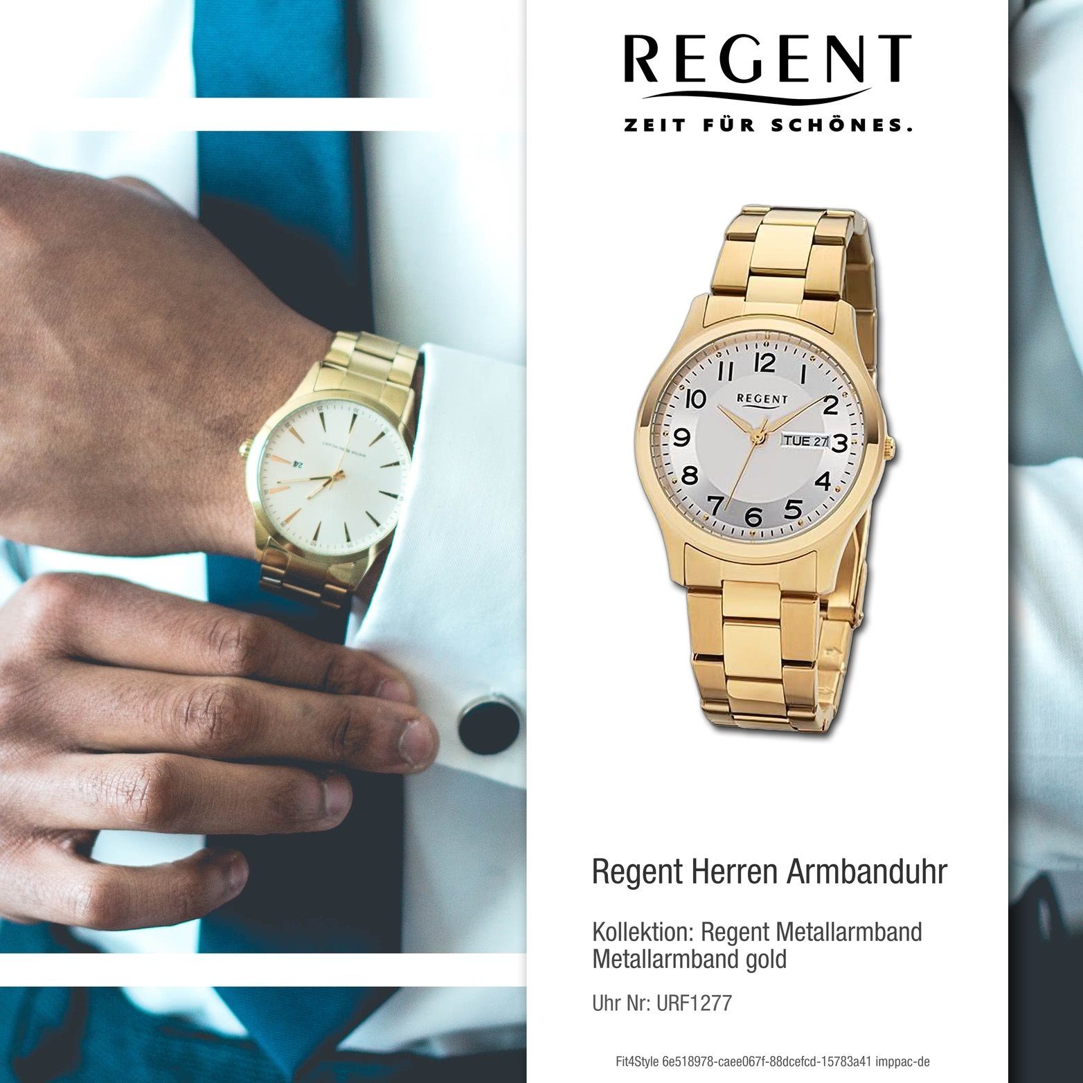 Herren Regent rundes Metallarmband Armbanduhr Regent 37mm) (ca. groß Analog, Gehäuse, extra gold, Herrenuhr Quarzuhr