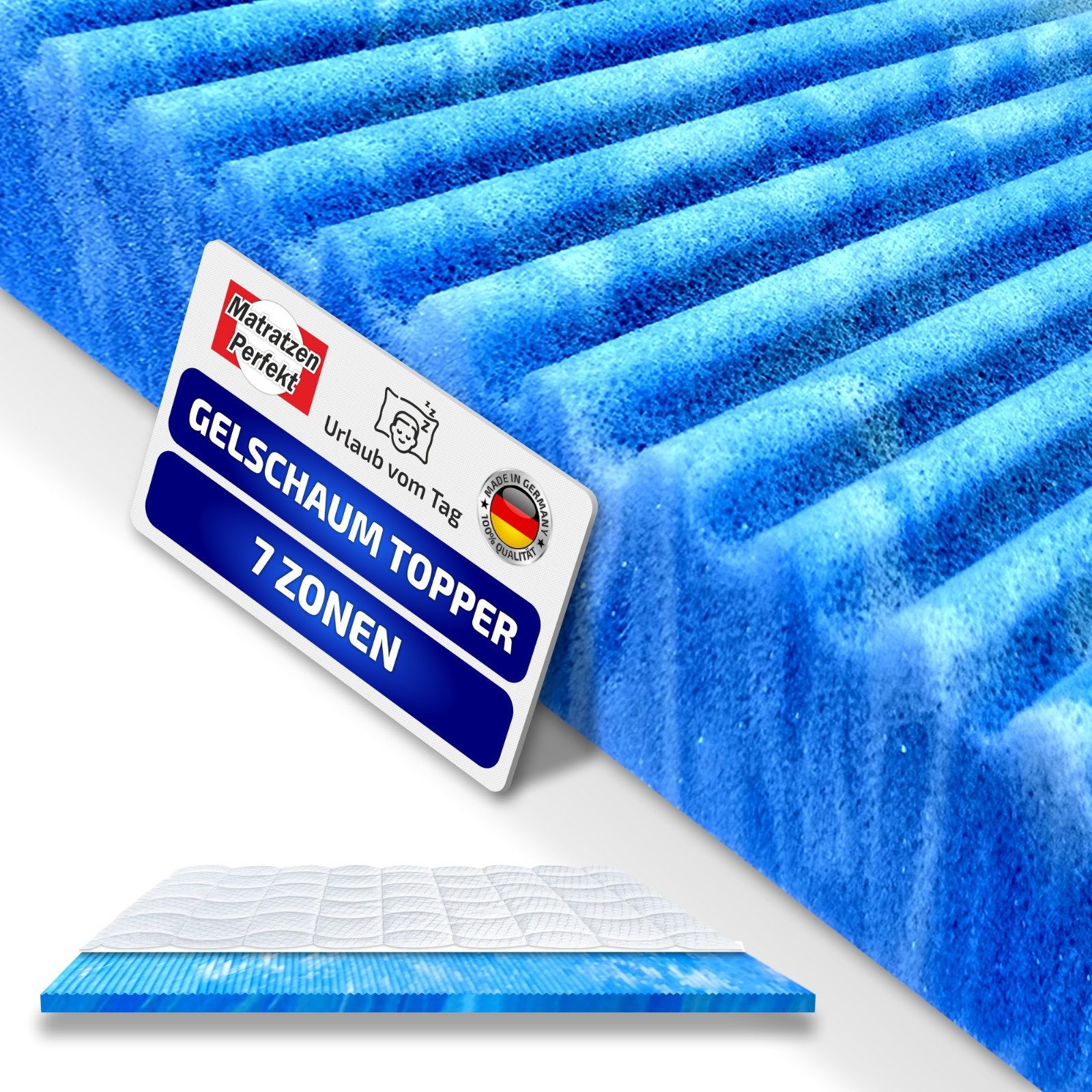 Matratzen Perfekt, Цилиндр 8 cm Hoher Gel Schaumtopper mit 7 Zonen 55 kg/m³ Raumgewicht, 8 cm hoch, Gelschaum, sehr druckentlastender Gelschaum Цилиндр mit Klimaband