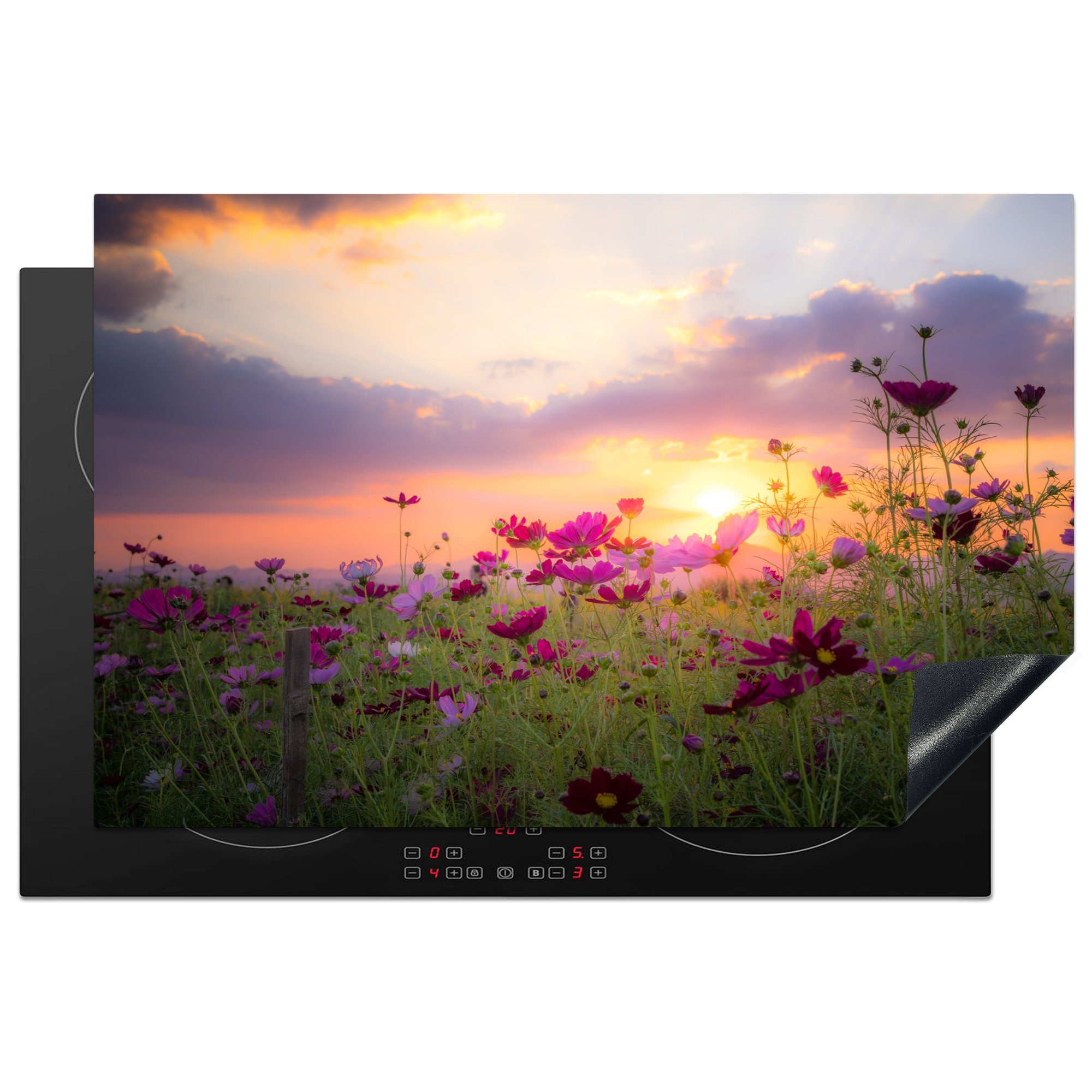 MuchoWow Herdblende-/Abdeckplatte Blumen - Rosa - Sonnenuntergang - Natur - Wiese - Horizont, Vinyl, (1 tlg), 81x52 cm, Induktionskochfeld Schutz für die küche, Ceranfeldabdeckung