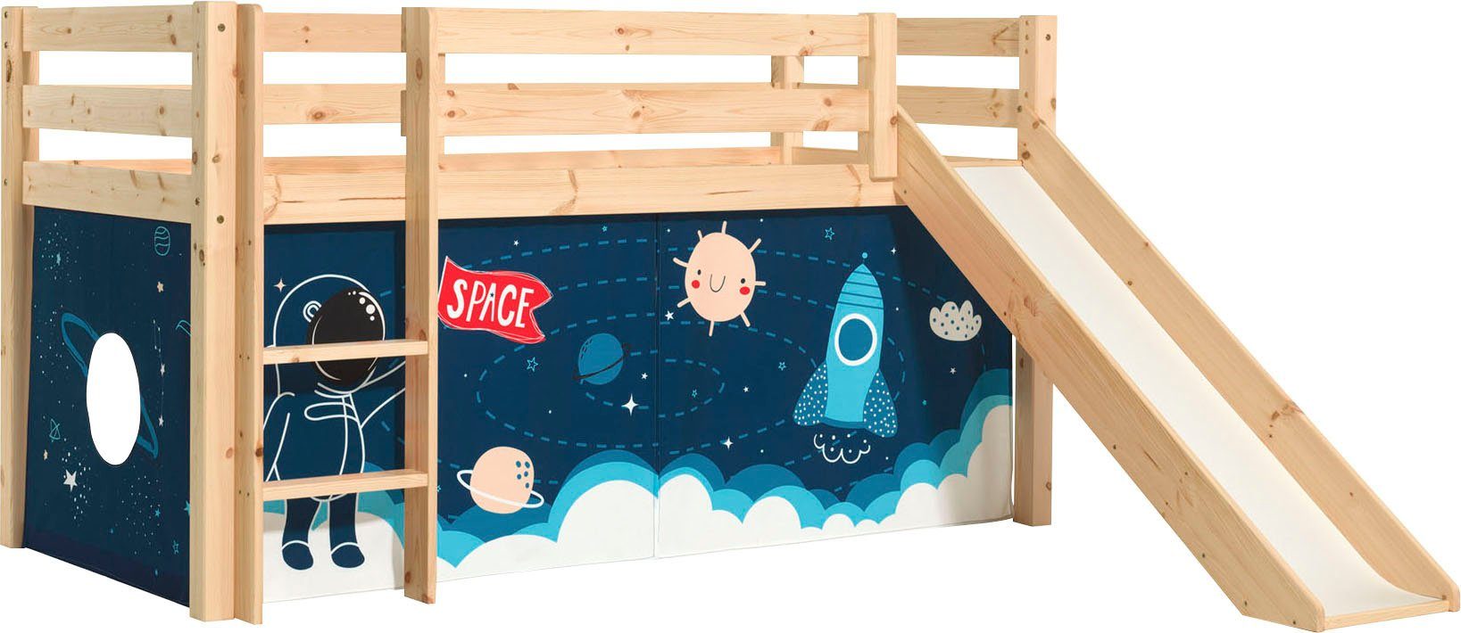 Vipack Spielbett Pino, Kiefer massiv, mit Rolllattenrost u. Textil-Set, Made in Europe (B/H/T ca. 210x114x218cm, mit Absturzschutz, Leiter und Rutsche), verschiedene Textil-Designs und Holzfarben zur Wahl