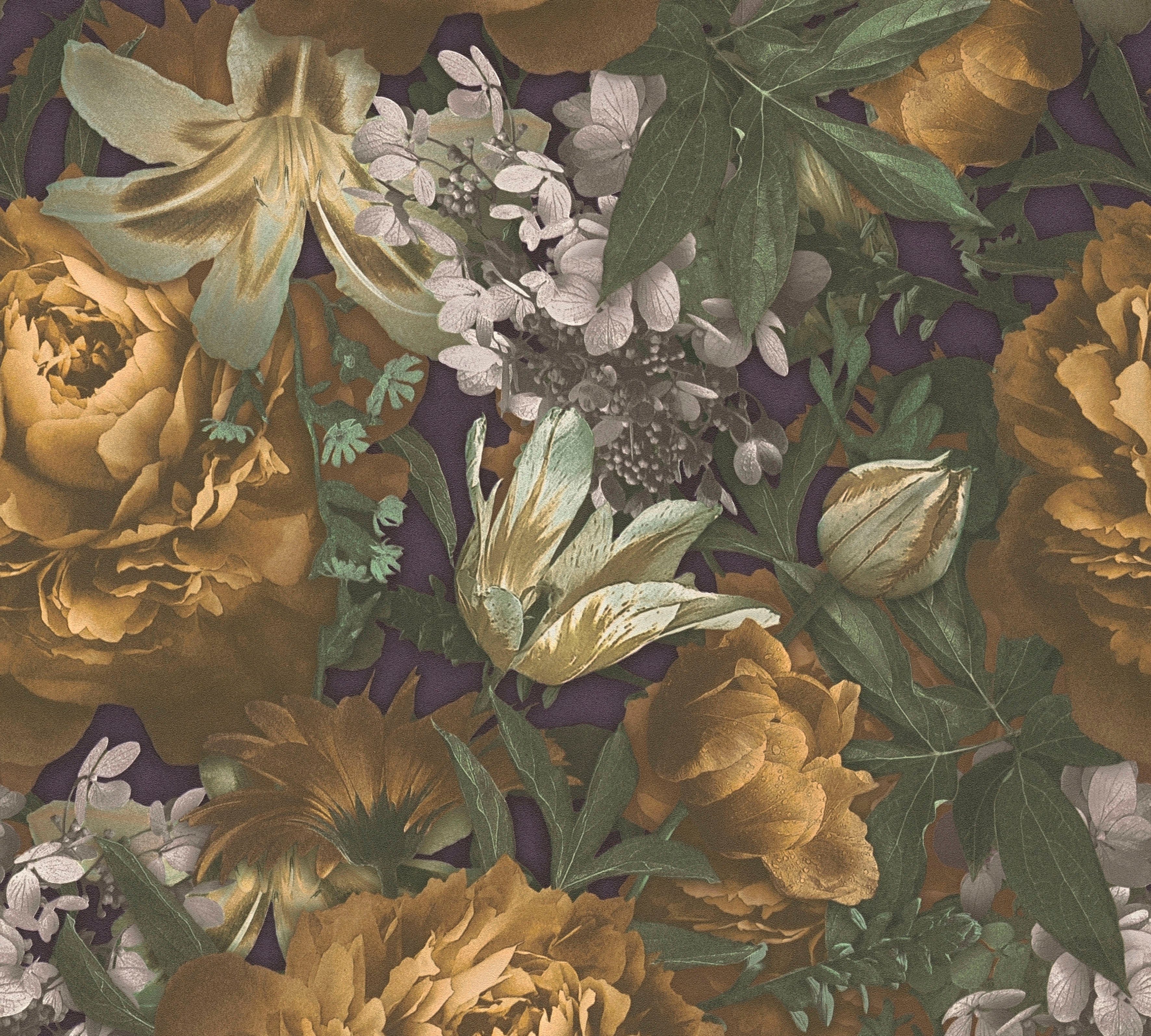 Blumentapete PintWalls glatt, gelb/grün/grau (1 Rosen Création A.S. St), matt, Floral, Vliestapete