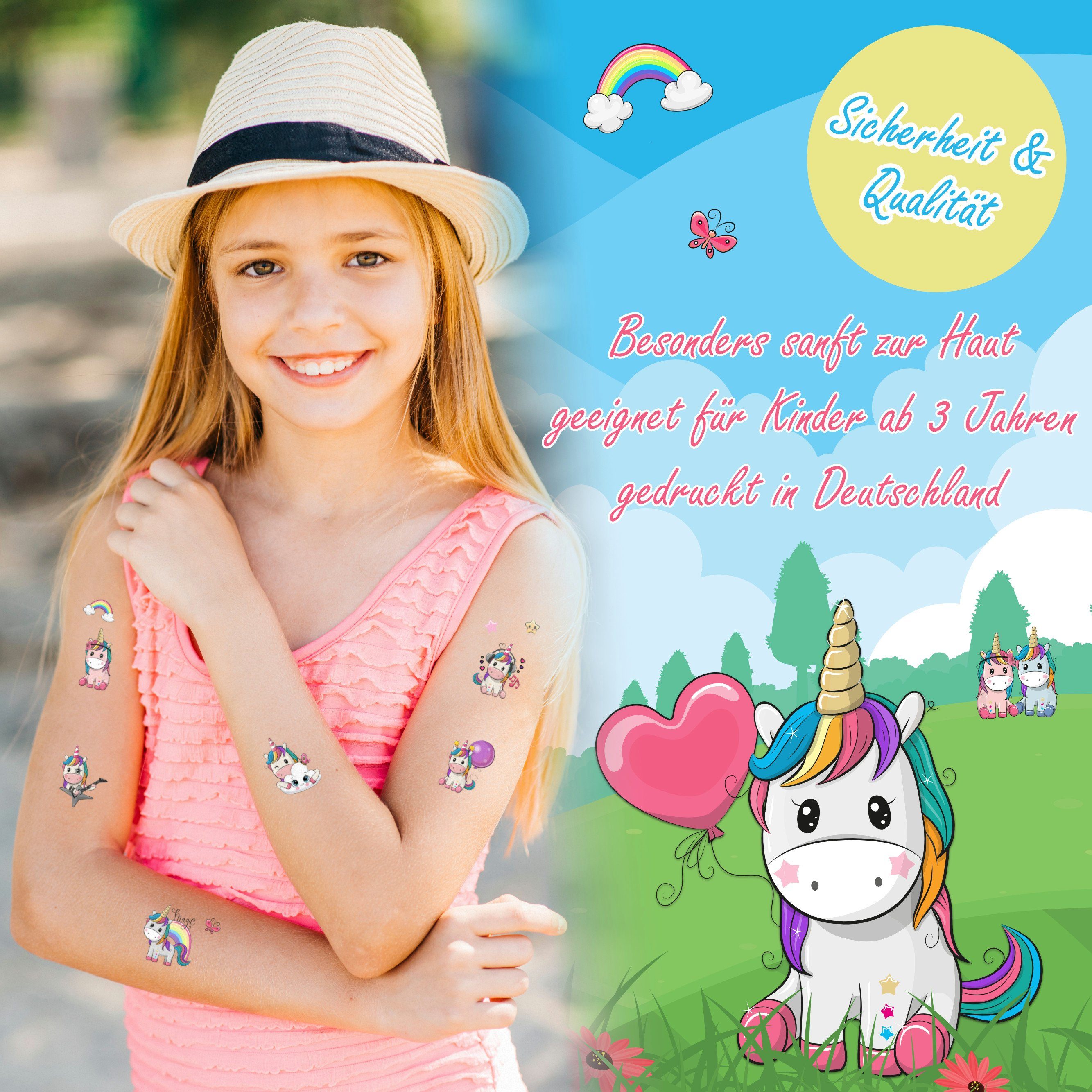 PUNALU Kindertattoo Einhorn Kindertattoos, Temporäre Tattoos für Kinder - Einhörner, hautfreundlich