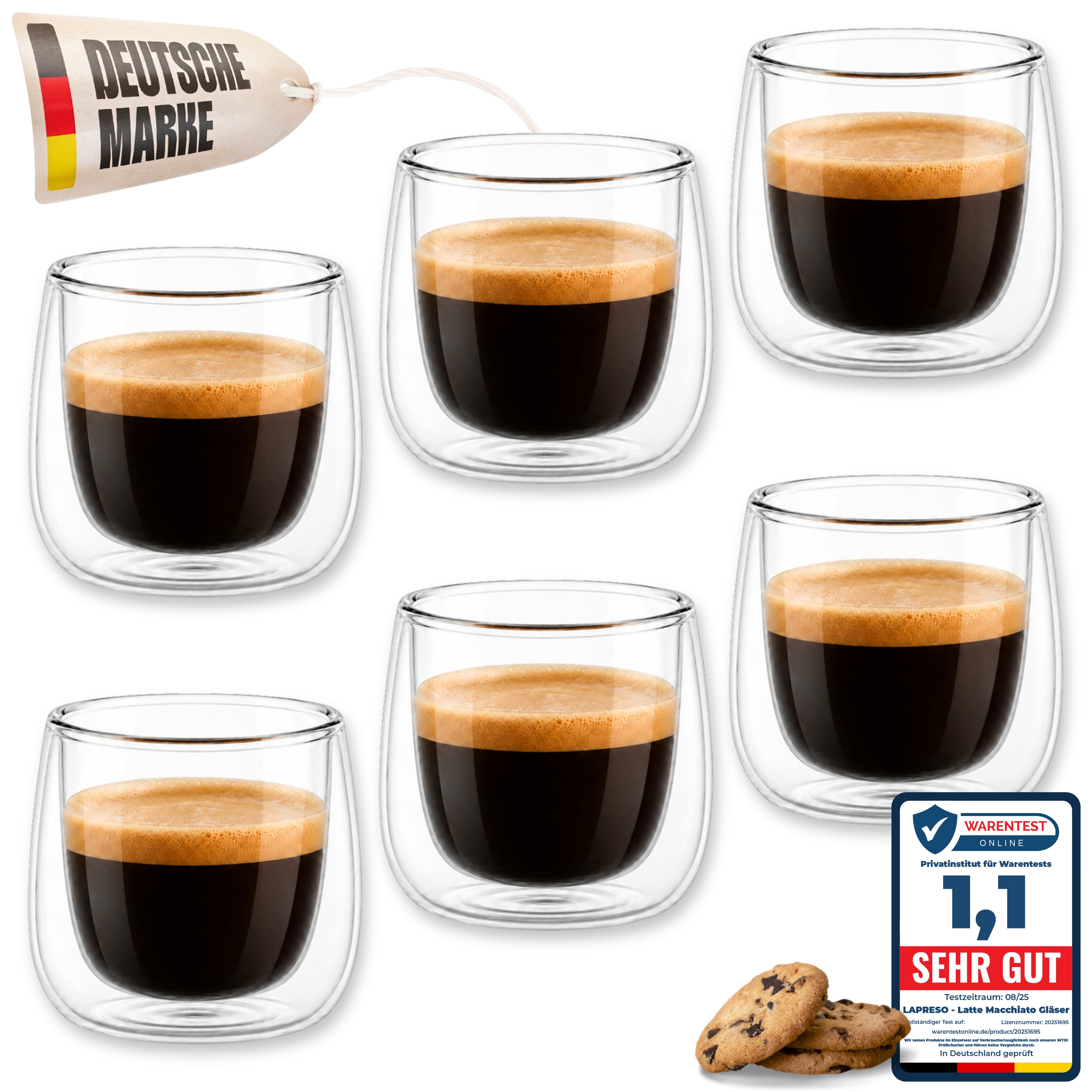 LAPRESO Espressoglas Doppelwandig Thermogläser Kaffeegläser Set 80 ml, 6-tlg., Borosilikatglas, 6er Set