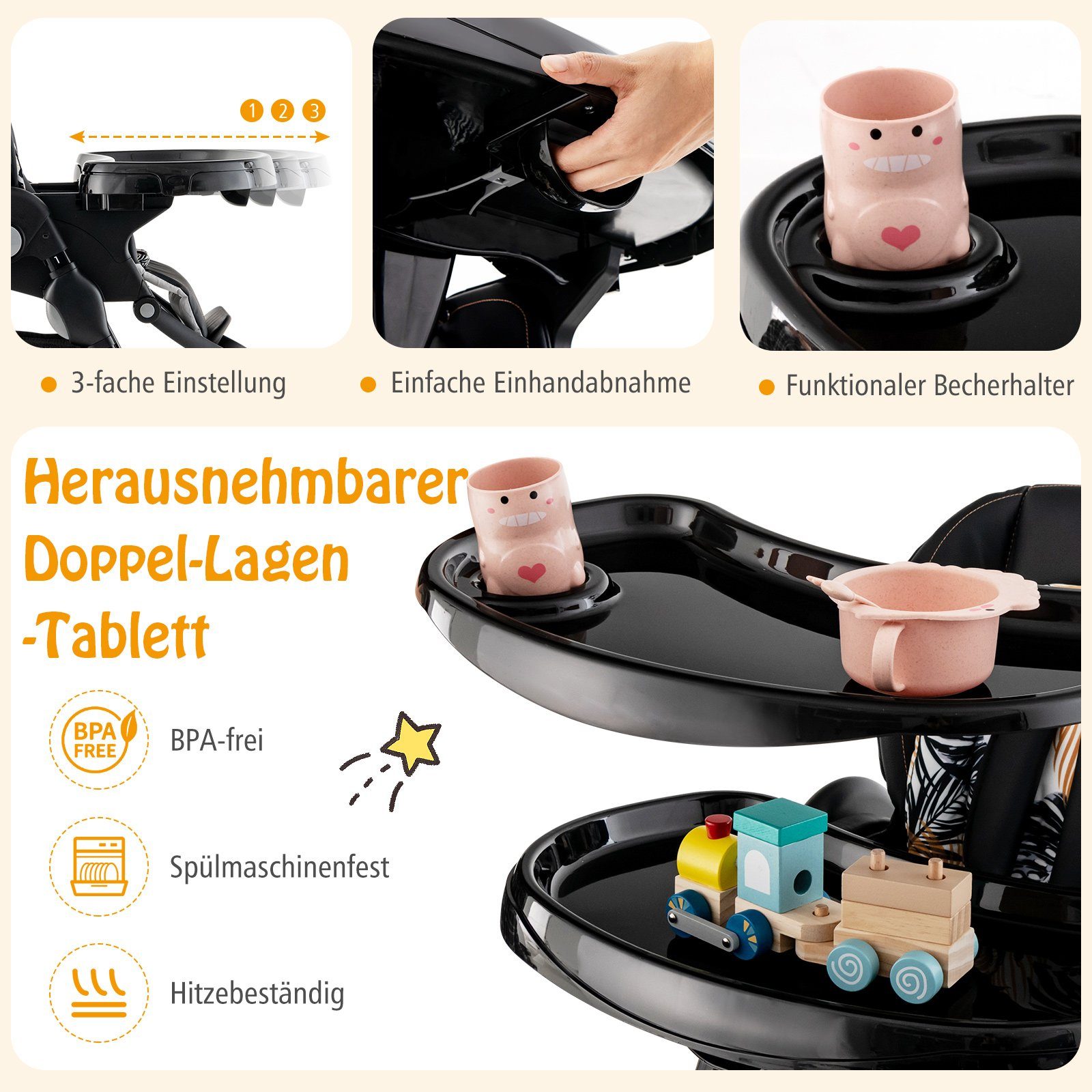 COSTWAY Hochstuhl Babystuhl, klappbar, verstellbar, mit Liegefunktion & Rädern