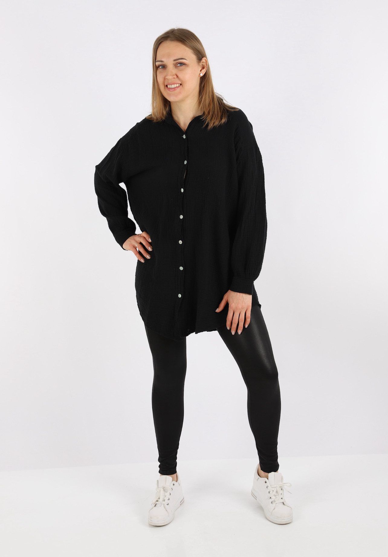 HELLO MISS Blusenkleid Beliebte Musselin Oversize Bluse in Lang, Baumwolle Hemd, Sommer Bluse in Unifarbe