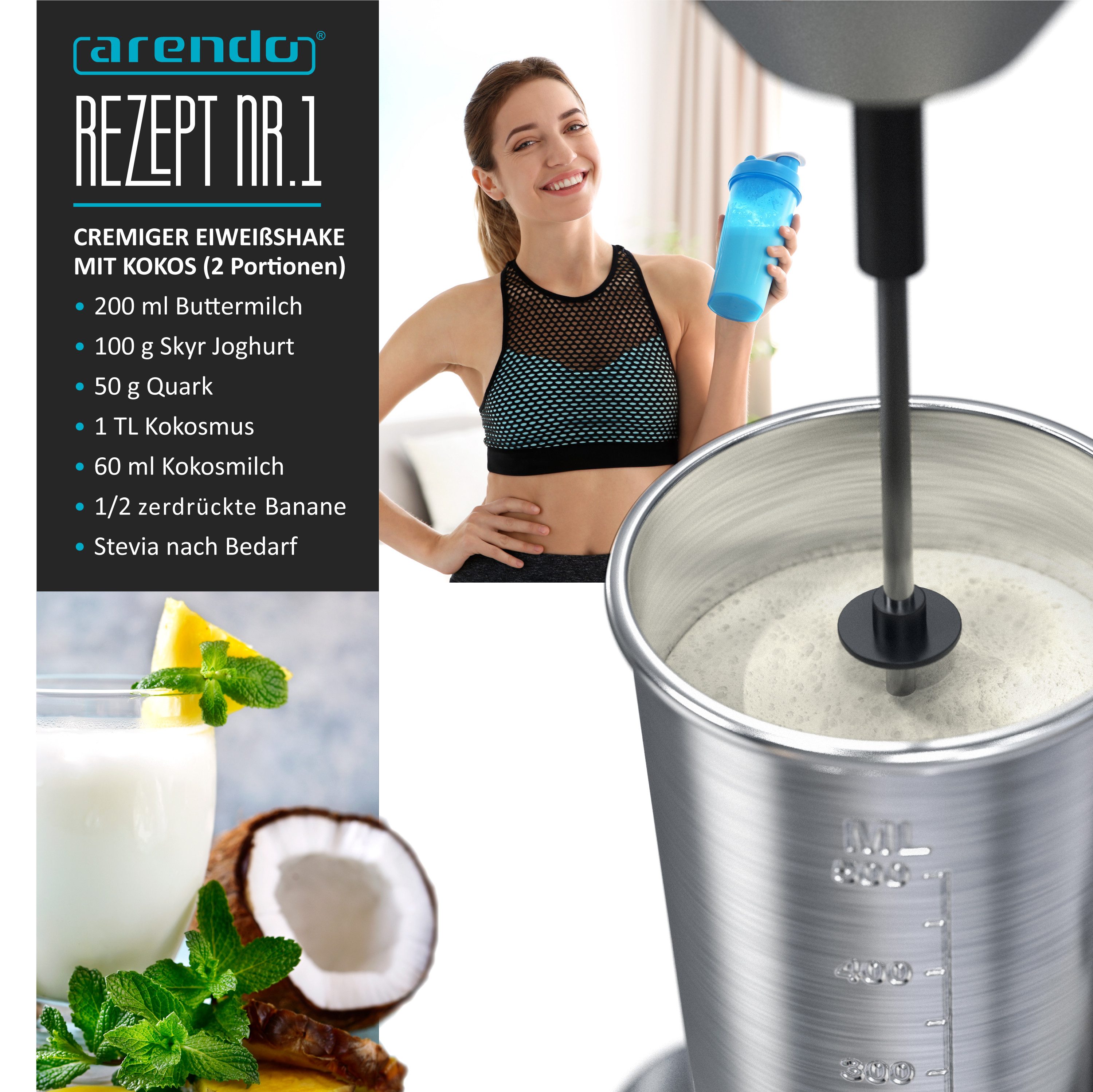 Arendo Standmixer Drink Mixer elektrisch mit 500ml Becher Getränkemixer, 22.000 U/min, 100 W, 2 Geschwindigkeiten für Fitness Protein Shakes, Smoothies, Milchsh – Bild 4 von 5