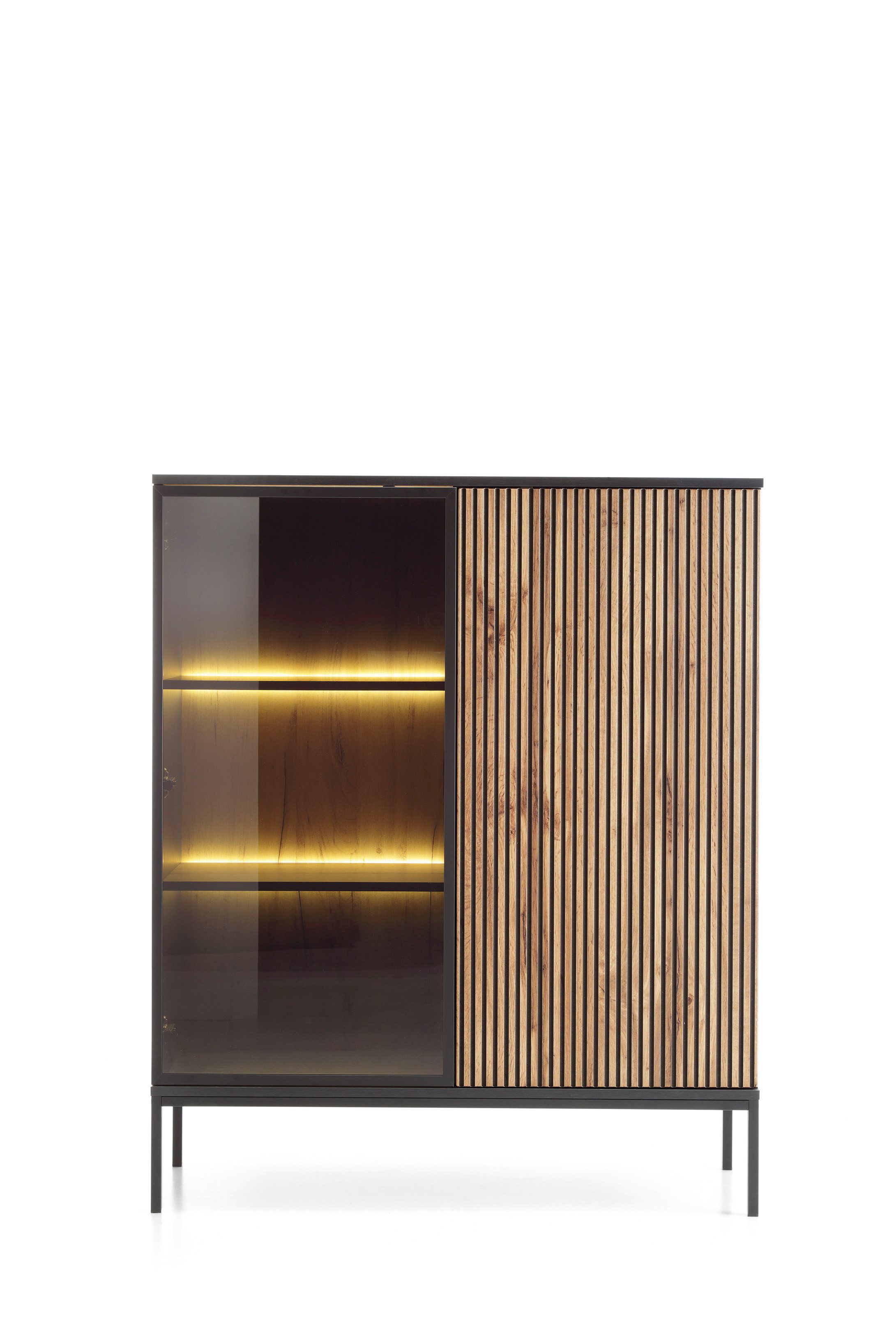 yourhouse24 Vitrine SANTIA 104 cm Industrial-Vitrine – Eiche & Schwarz mit LED