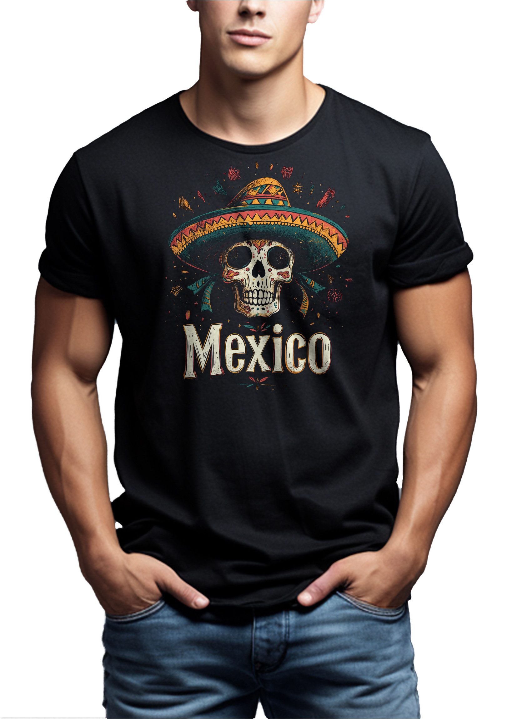 MAKAYA Print-Shirt Herren Mexiko Motiv Totenkopf Dia De Los Muertos Mexico günstig online kaufen